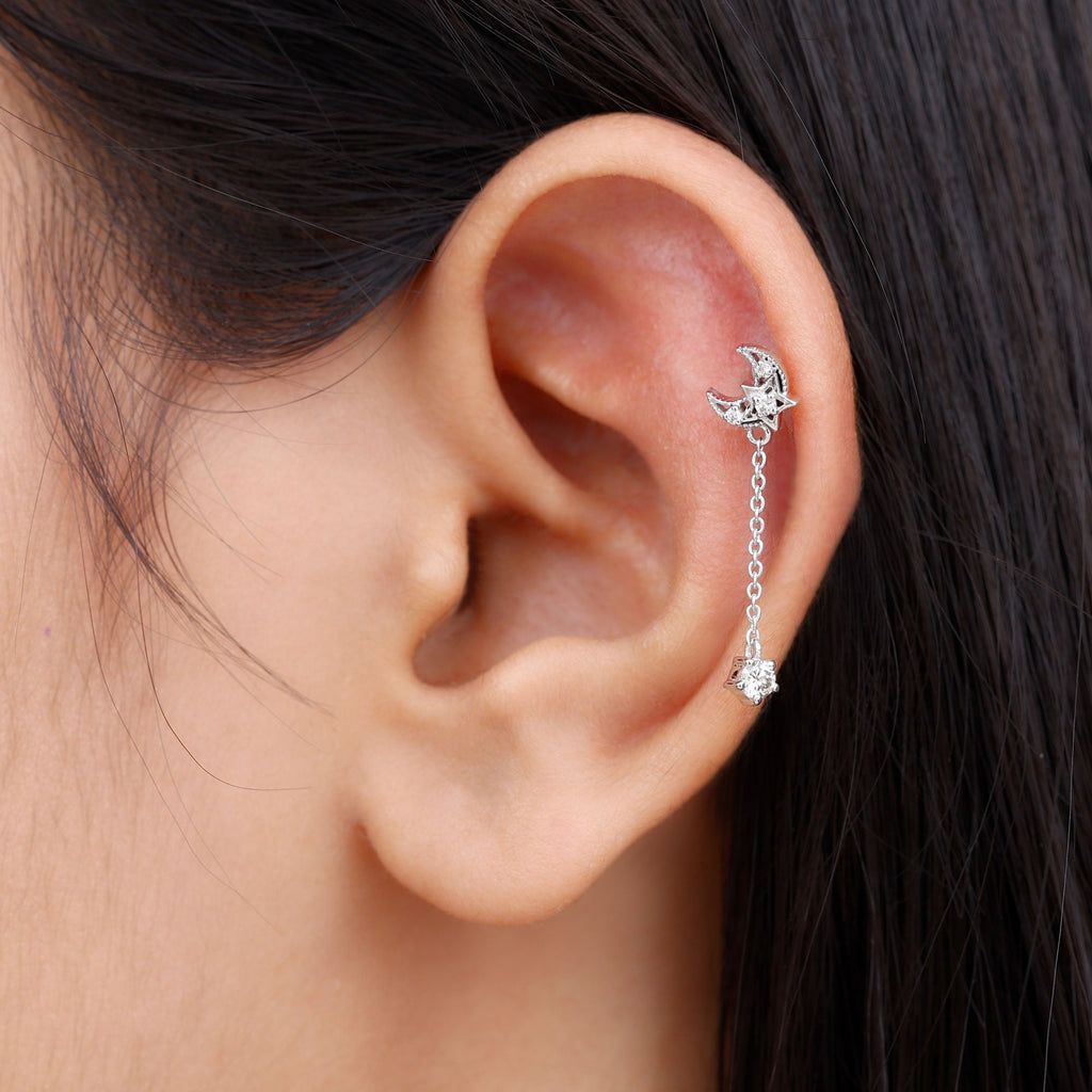 Diamond Moon Chain Earring for Helix Piercing