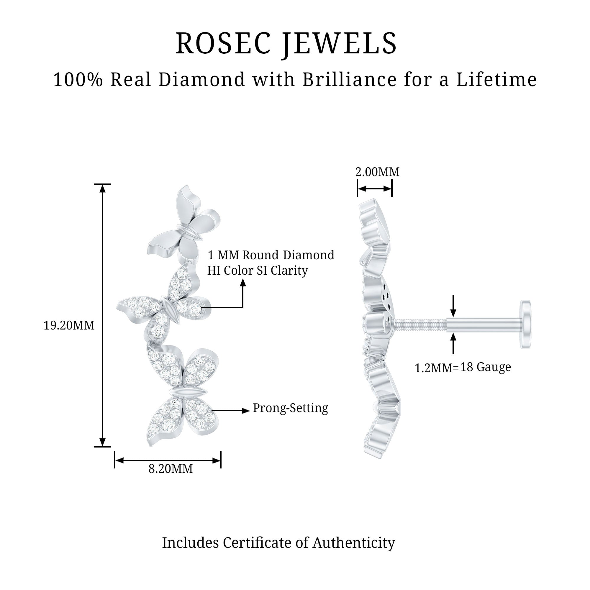 Diamond Butterfly Crawler Earring for Helix Piercing