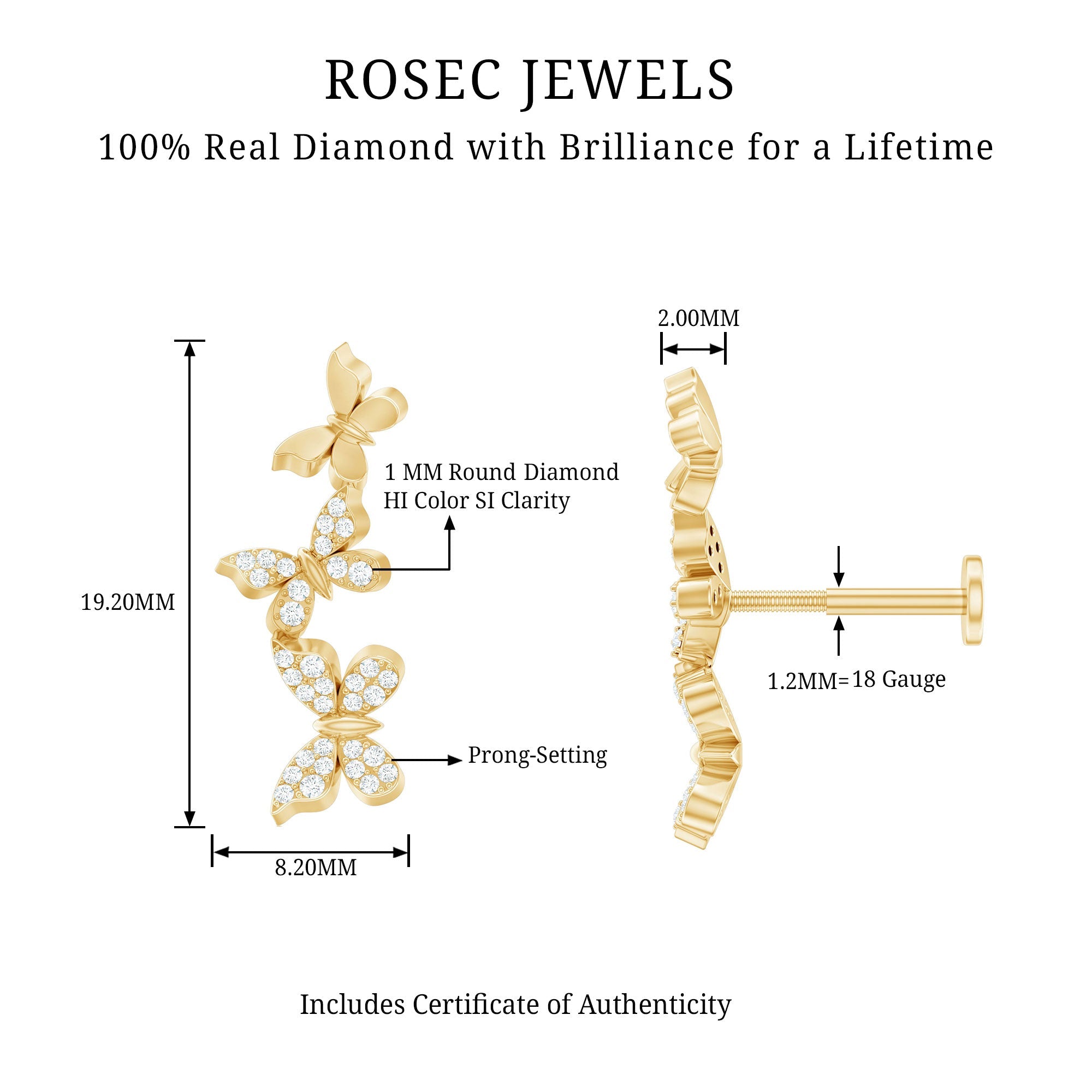 Diamond Butterfly Crawler Earring for Helix Piercing