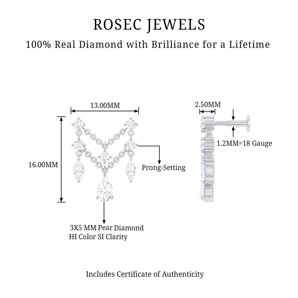 Brilliant Cut Diamond Double Chain Drop Earring for Cartilage Piercing