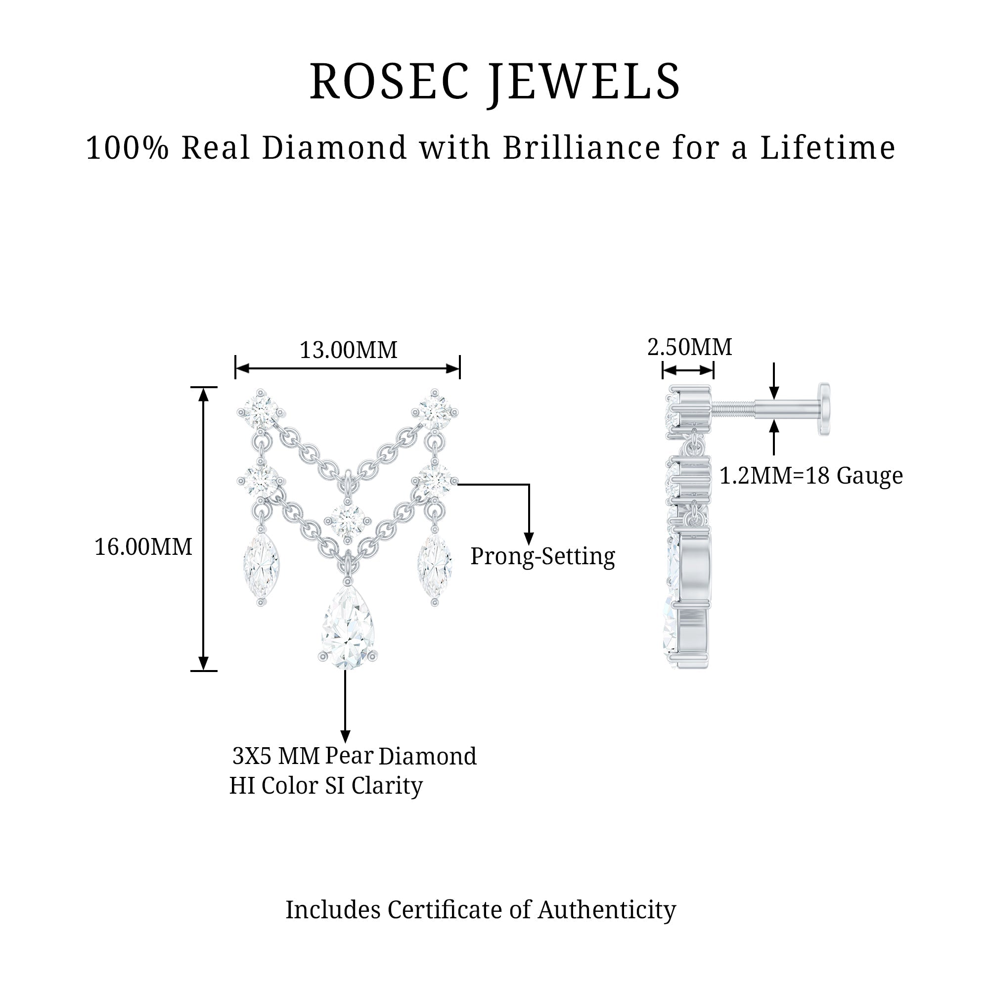 Brilliant Cut Diamond Double Chain Drop Earring for Cartilage Piercing