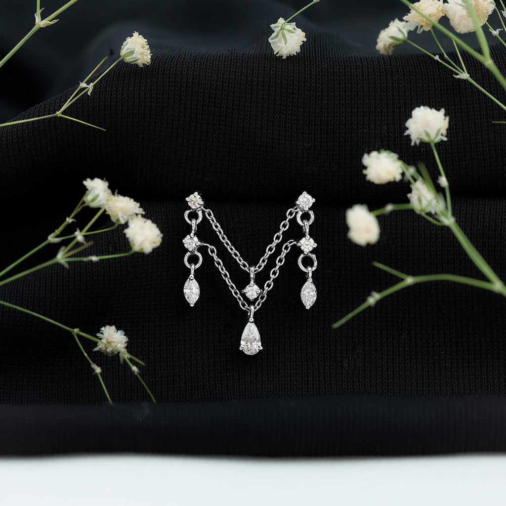 Brilliant Cut Diamond Double Chain Drop Earring for Cartilage Piercing