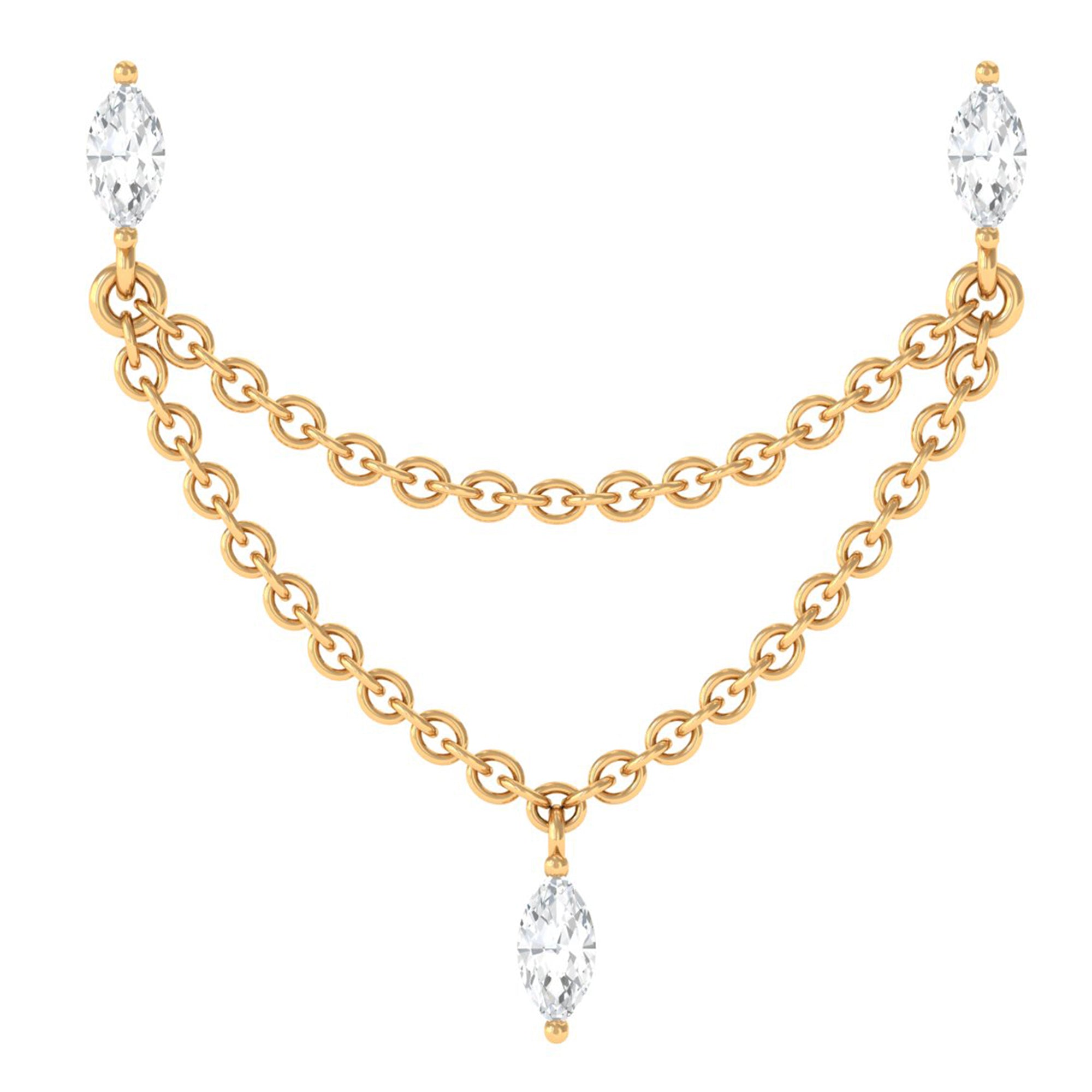 Marquise Diamond Double Piercing Earring with Dangling Chain