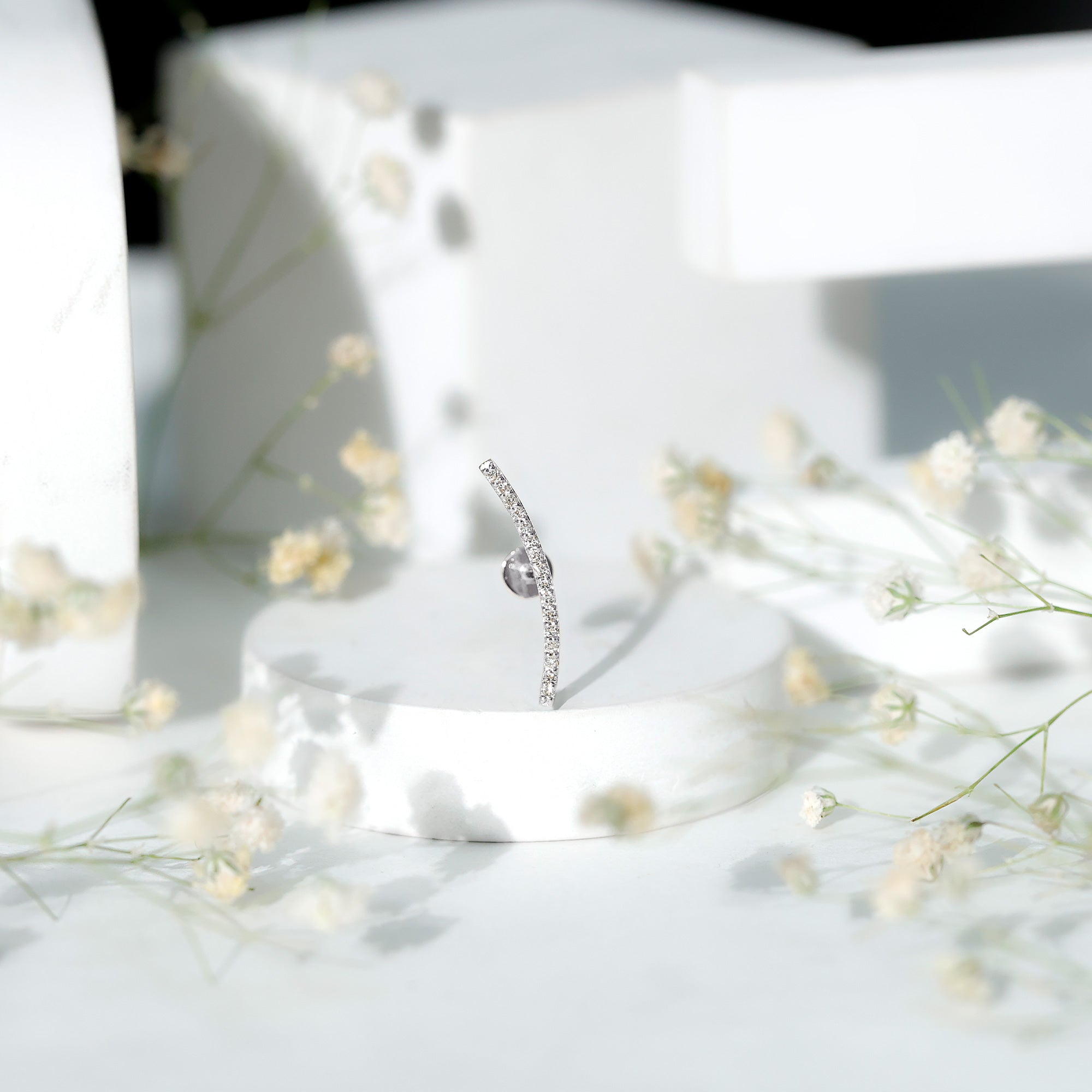 Pave Set Diamond Curved Bar Earring for Cartilage Piercing