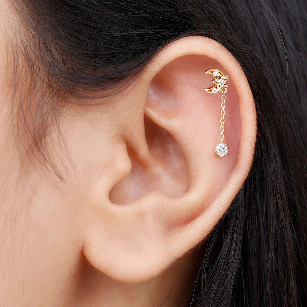 Diamond Moon Chain Earring for Helix Piercing