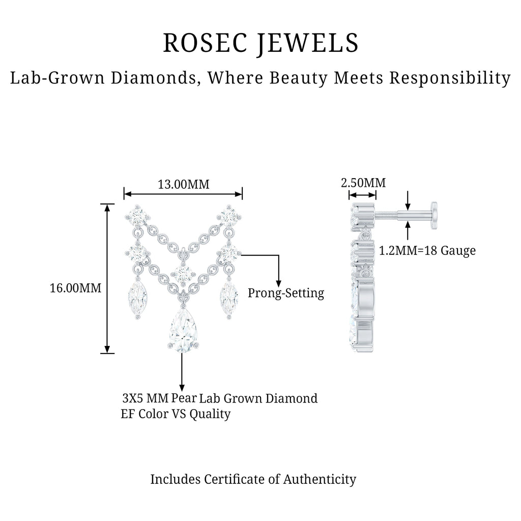 Brilliant Cut Diamond Double Chain Drop Earring for Cartilage Piercing