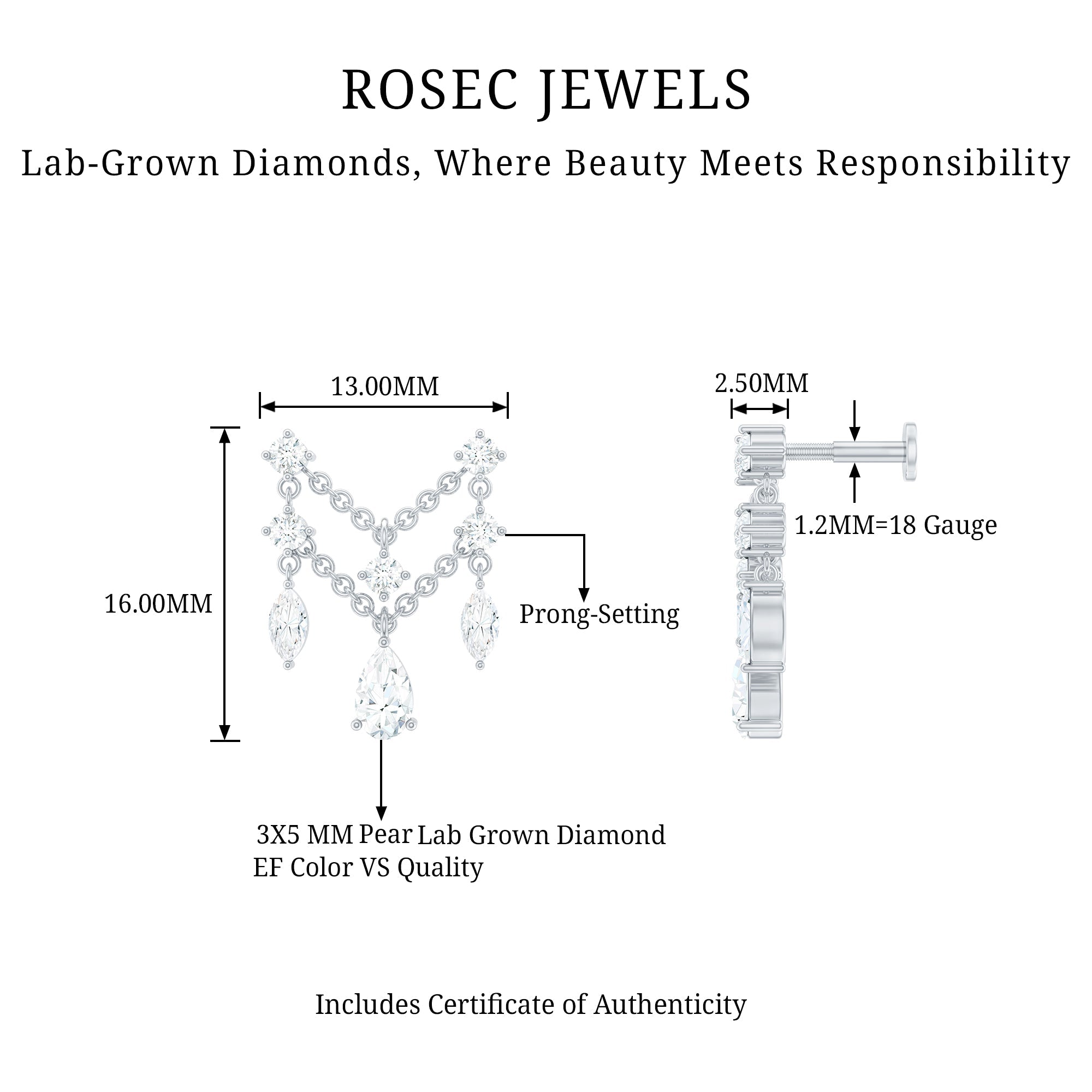 Brilliant Cut Diamond Double Chain Drop Earring for Cartilage Piercing
