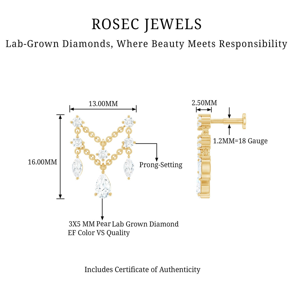 Brilliant Cut Diamond Double Chain Drop Earring for Cartilage Piercing