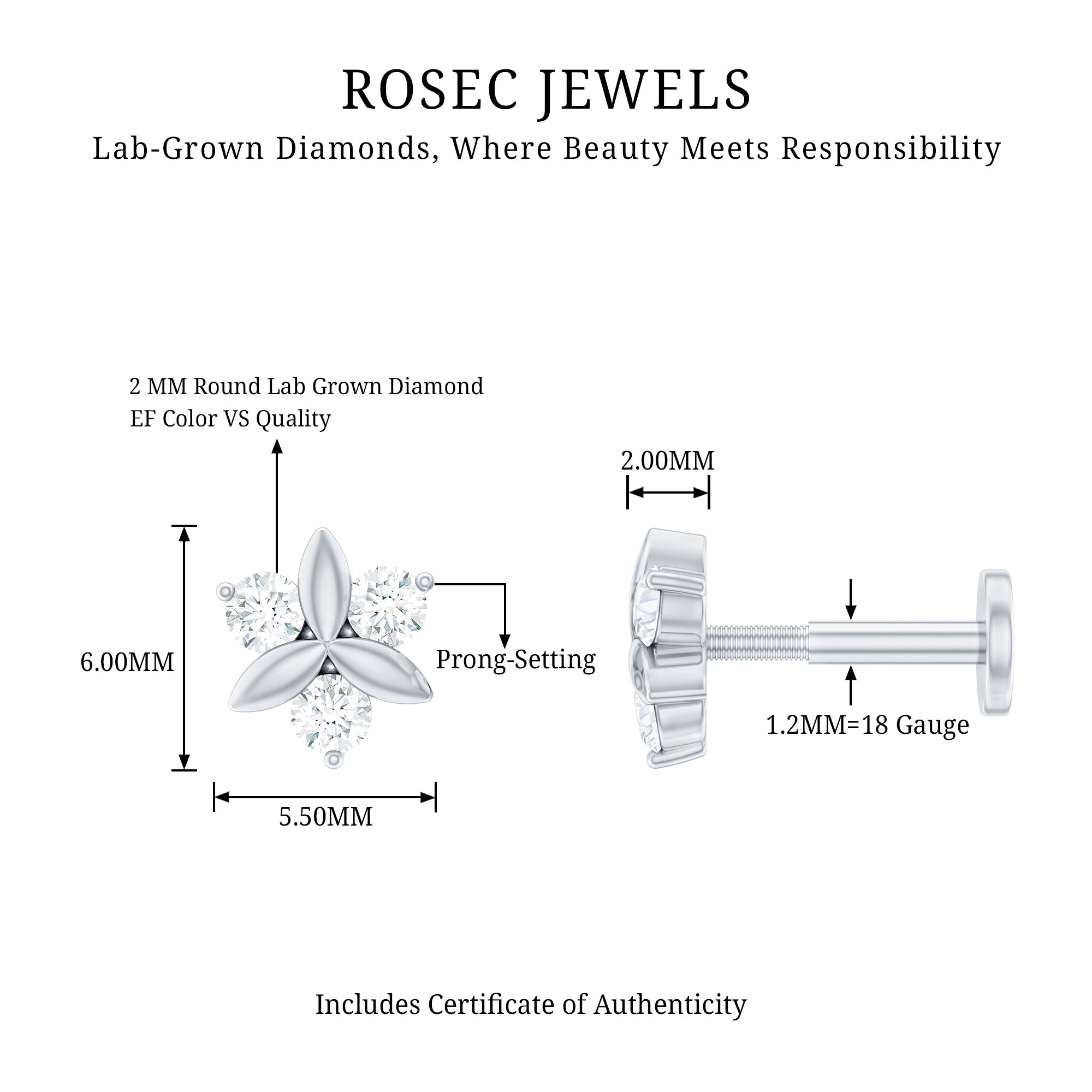 Brilliant Cut Diamond Floral Earring for Conch Piercing