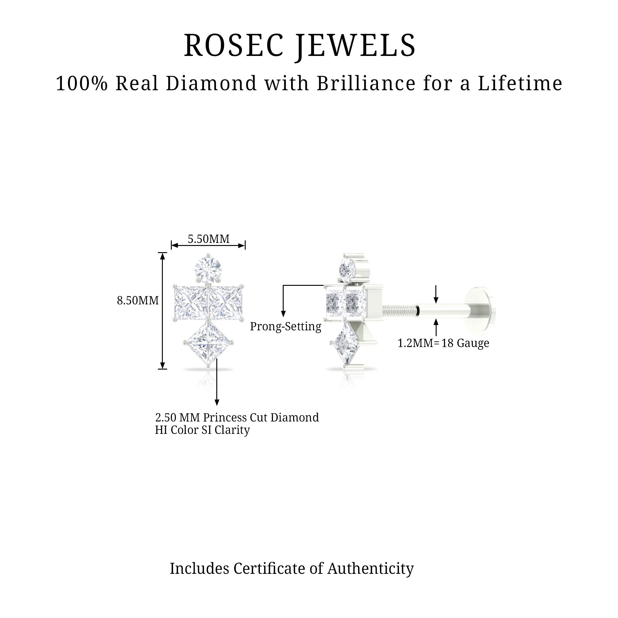 Princess Cut Diamond Helix Piercing Earring for Women