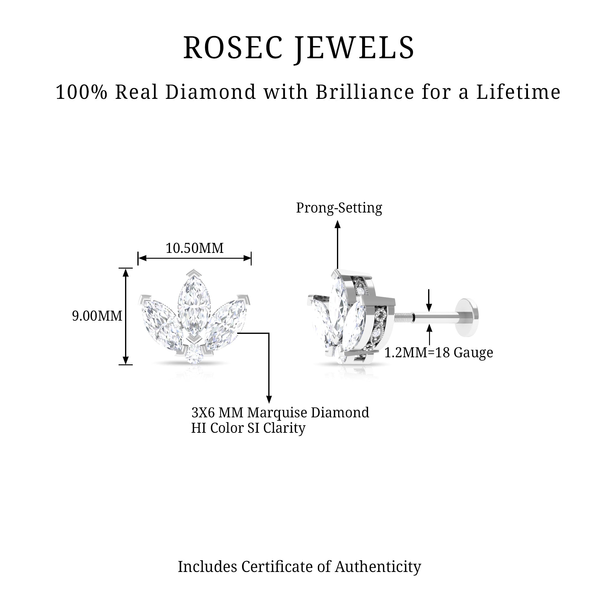 Marquise Diamond Lotus Flower Earring for Helix Piercing