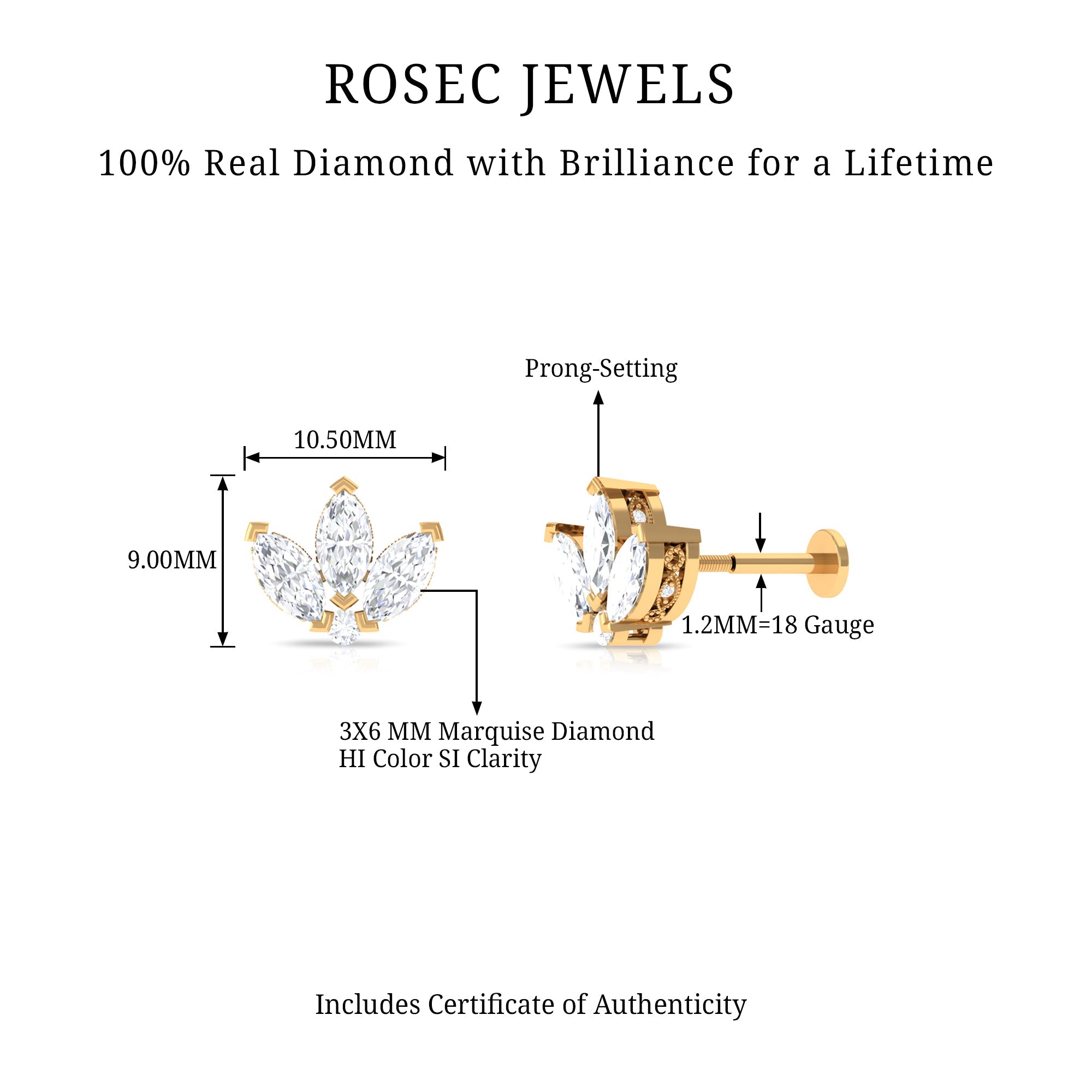 Marquise Diamond Lotus Flower Earring for Helix Piercing