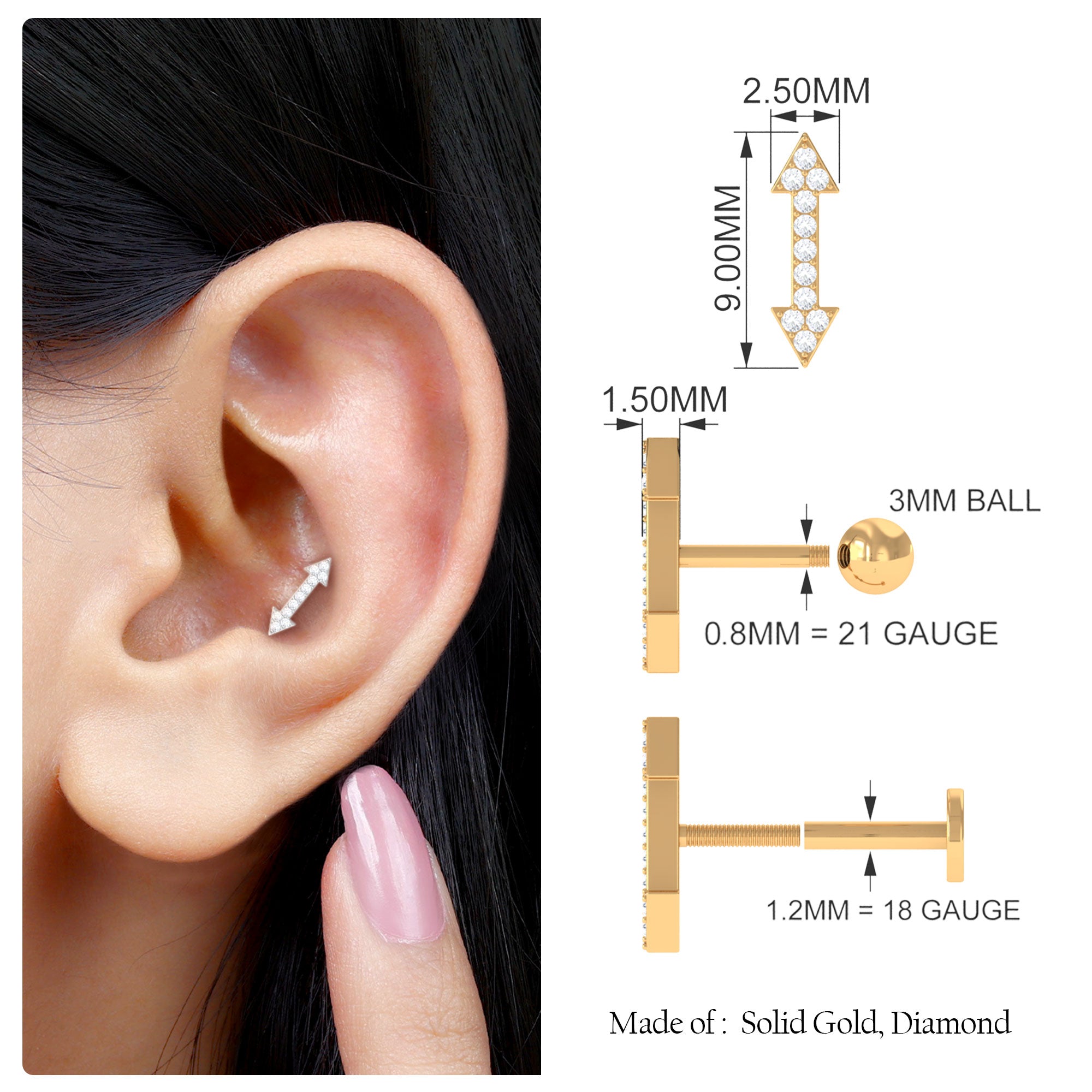 Natural Diamond Arrow Tragus Earring in Gold