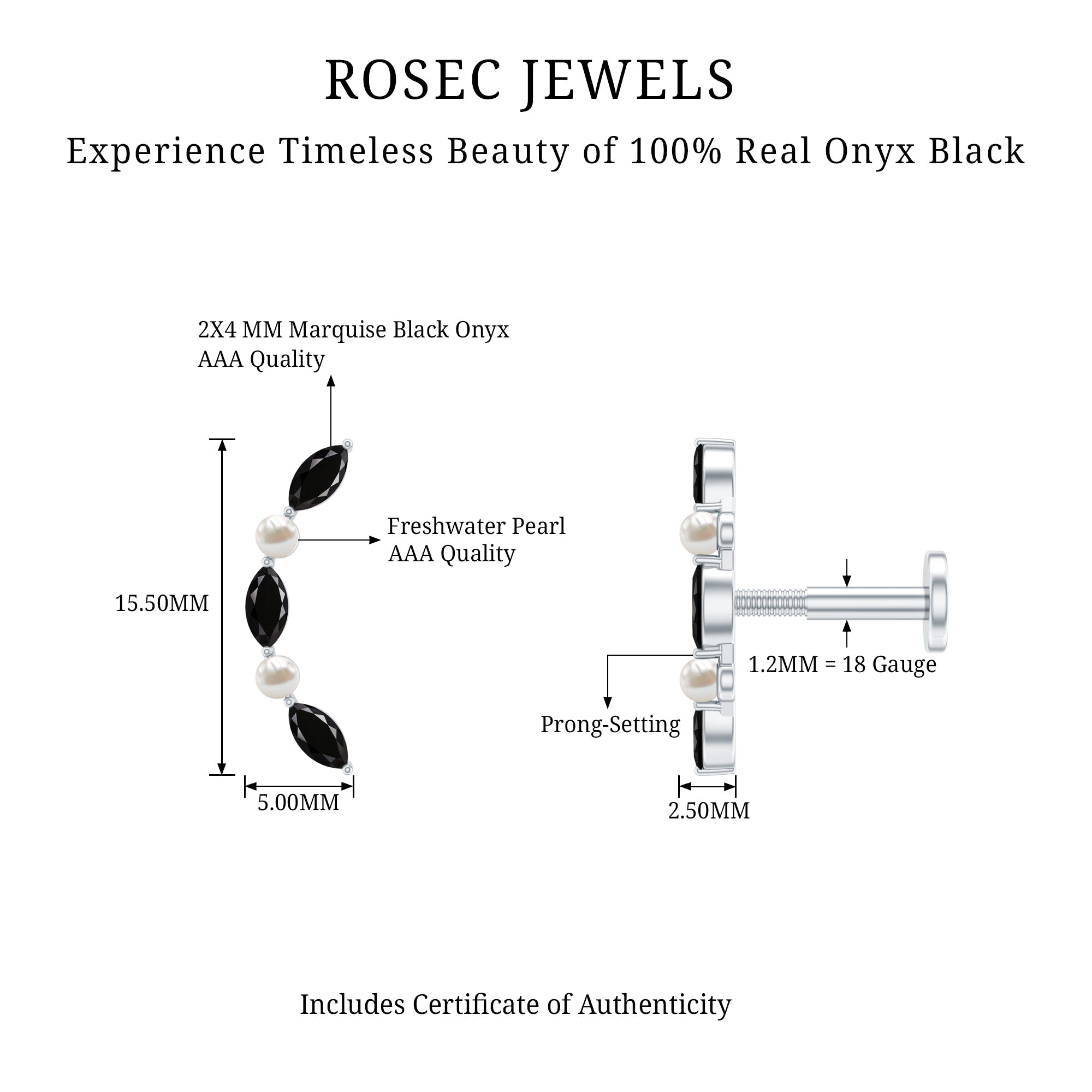 Black Onyx and Pearl Ear Crawler Earring for Helix Piercing
