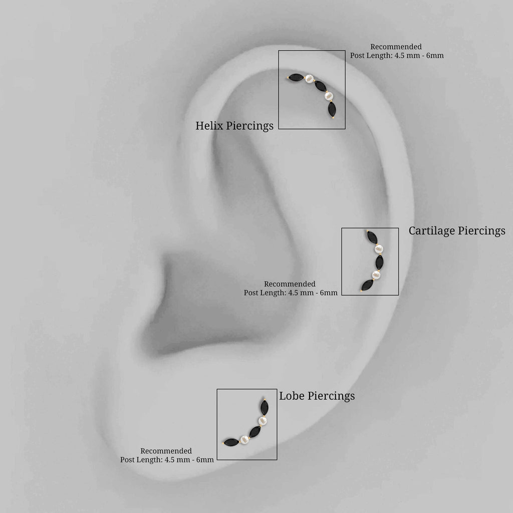 Black Onyx and Pearl Ear Crawler Earring for Helix Piercing