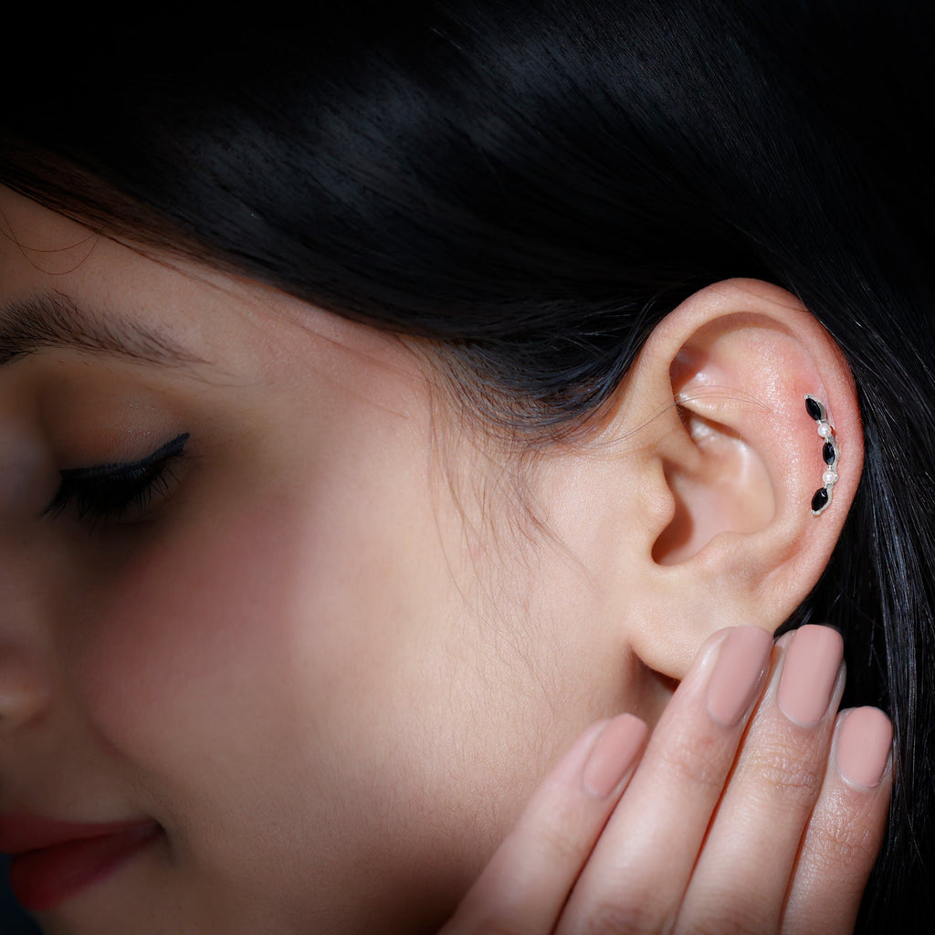 Black Onyx and Pearl Ear Crawler Earring for Helix Piercing