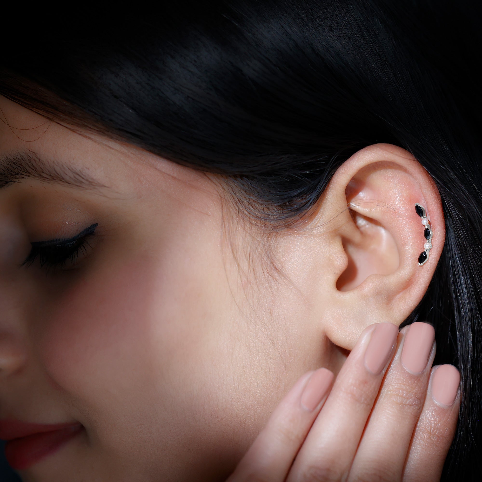 Black Onyx and Pearl Ear Crawler Earring for Helix Piercing