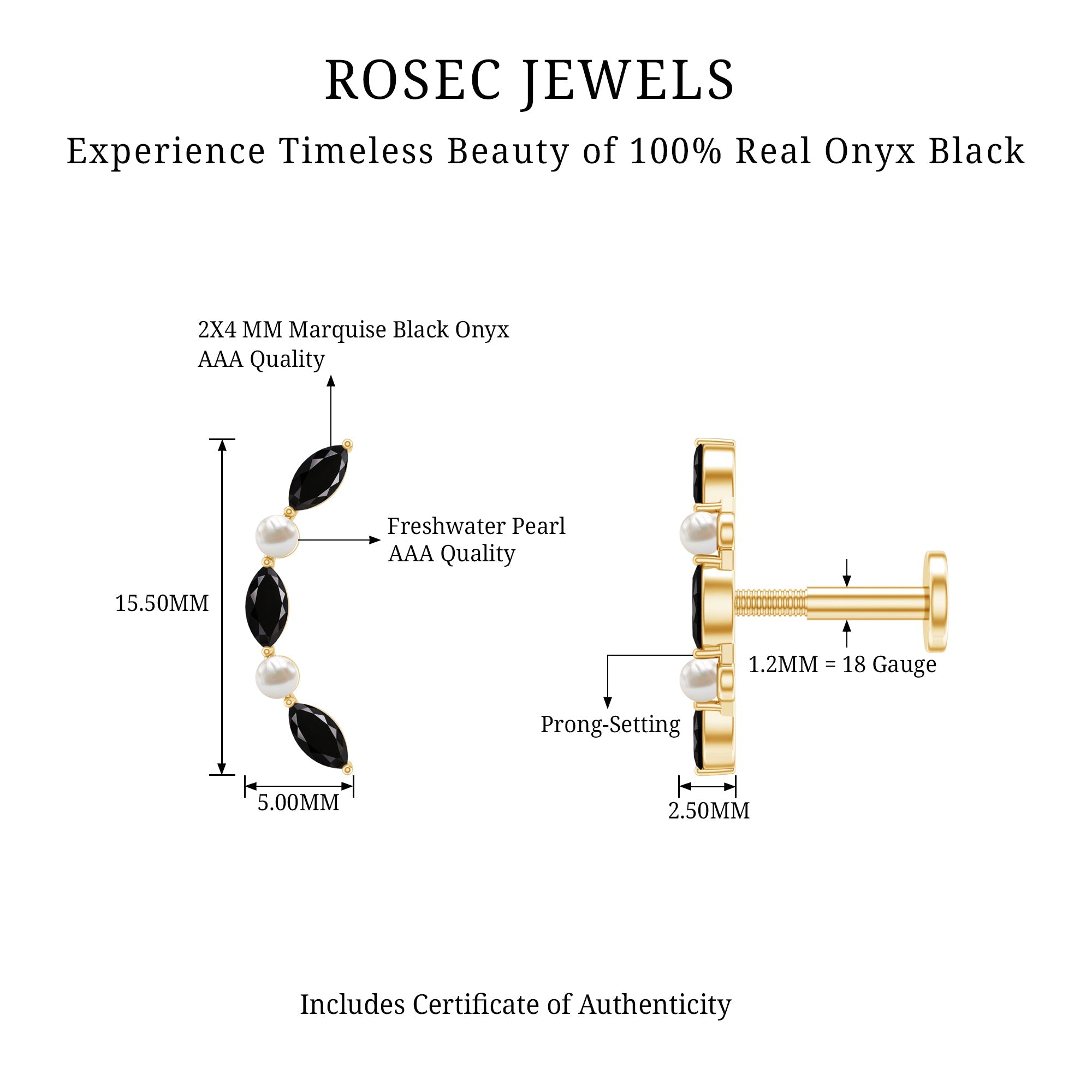 Black Onyx and Pearl Ear Crawler Earring for Helix Piercing