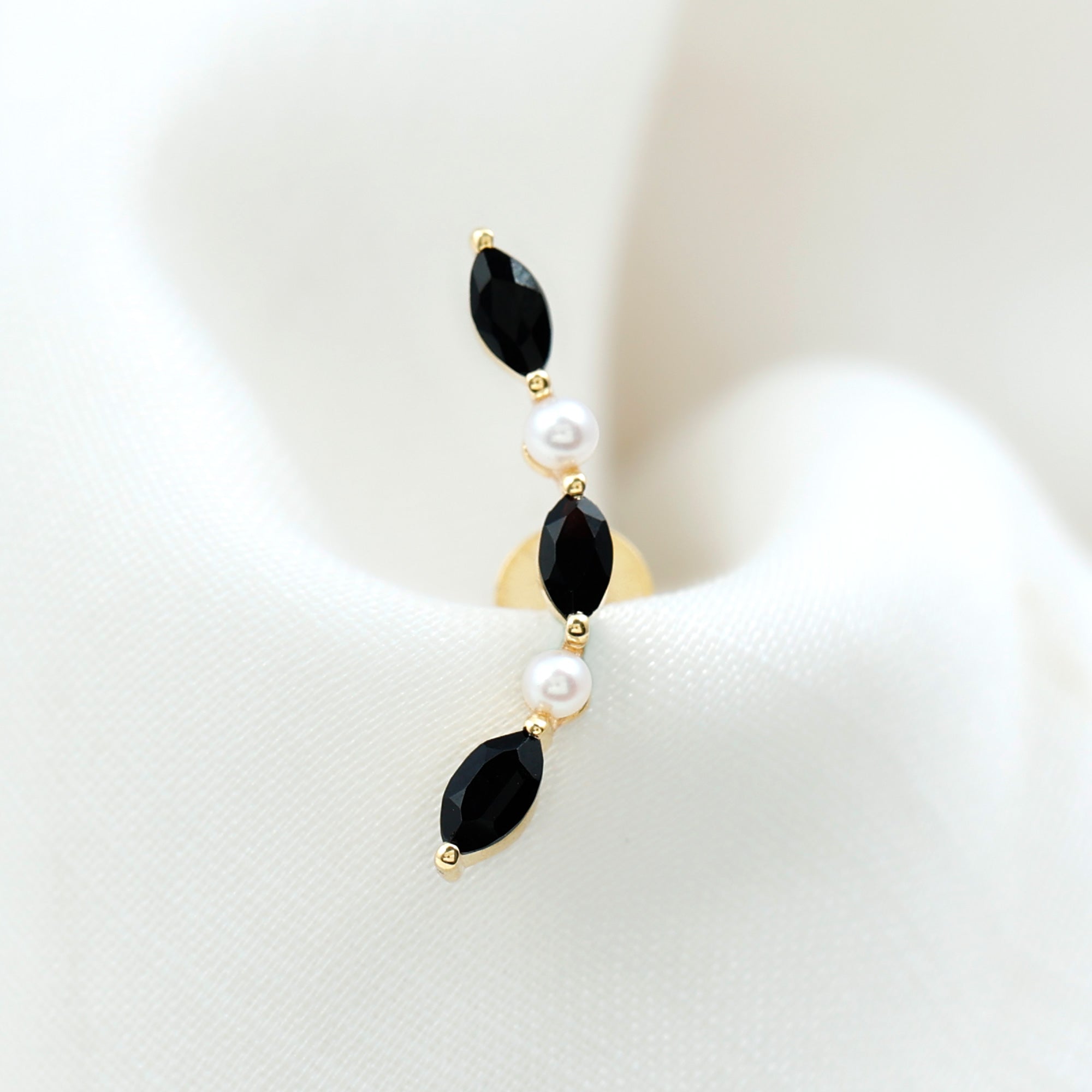 Black Onyx and Pearl Ear Crawler Earring for Helix Piercing