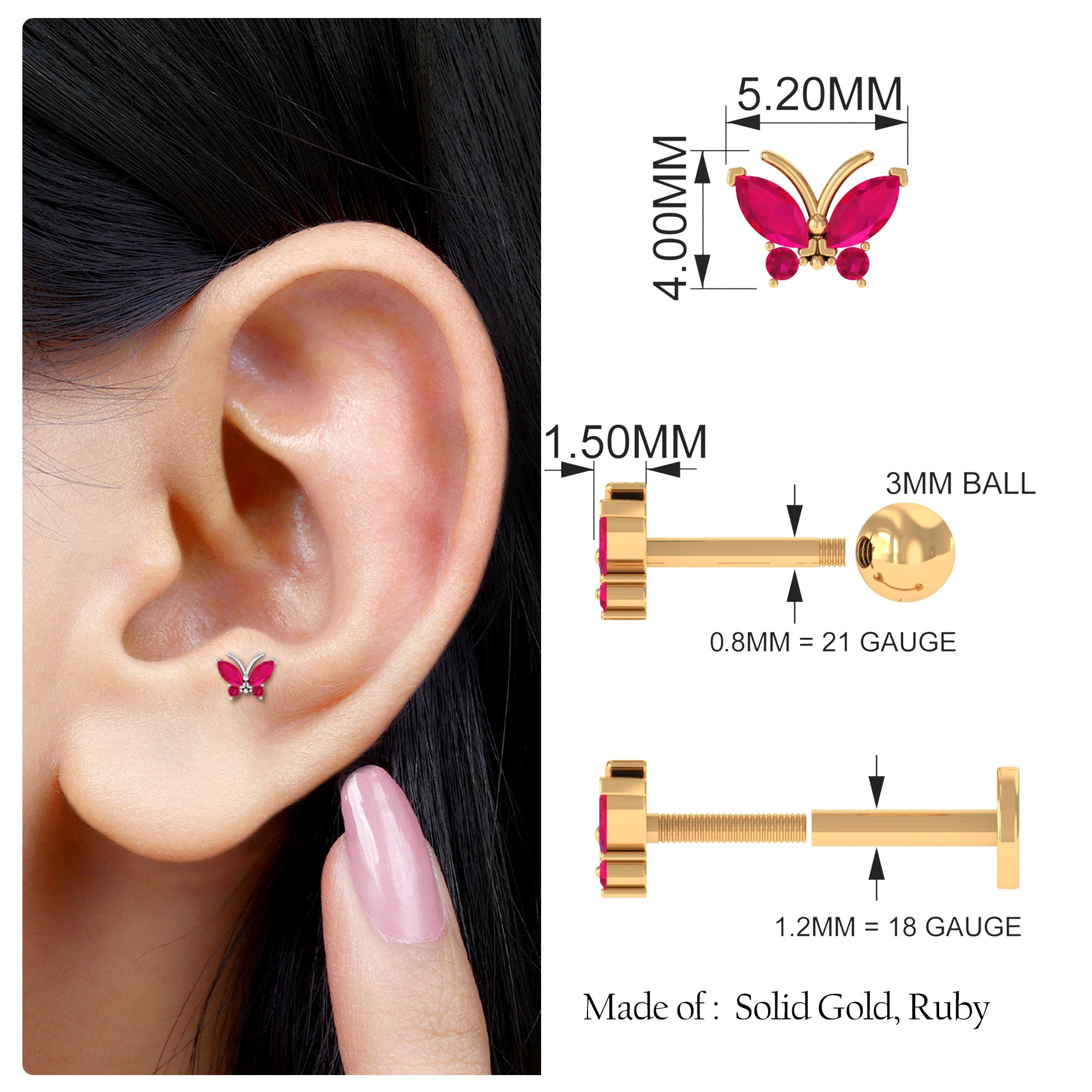 Real Marquise Cut Ruby Cute Butterfly Conch Earring