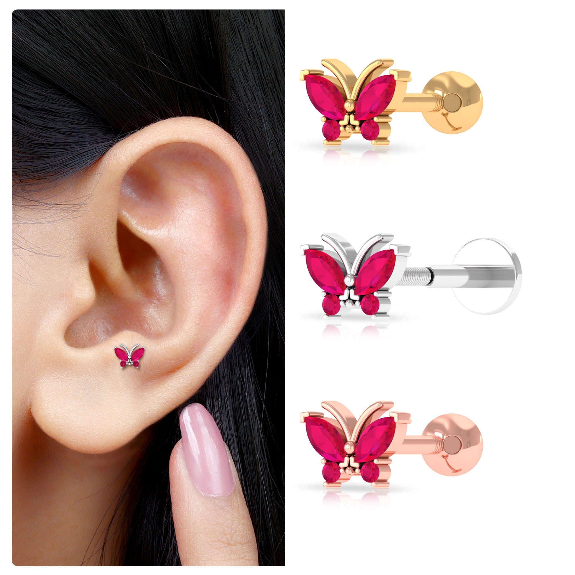 Real Marquise Cut Ruby Cute Butterfly Conch Earring