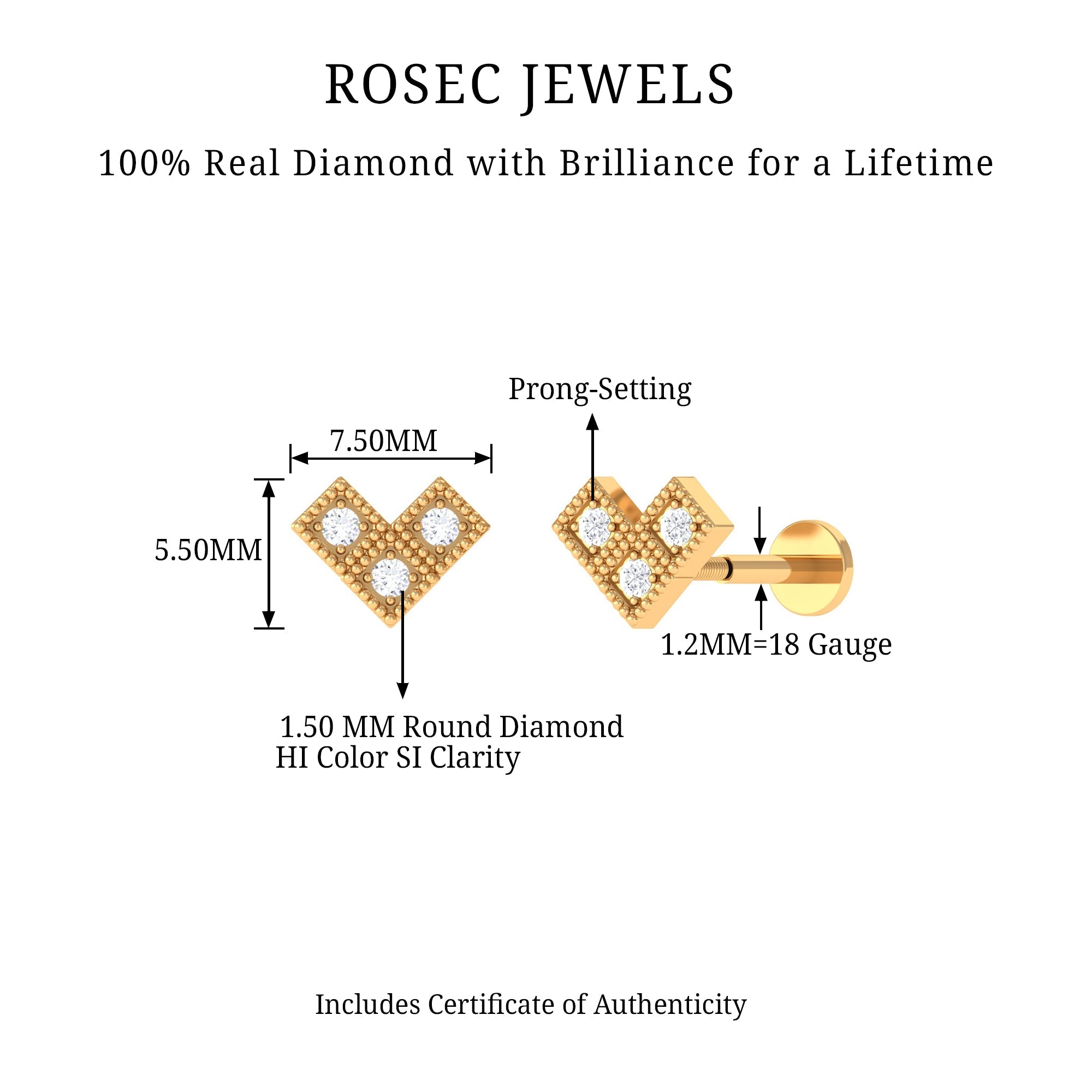 Round Diamond Gold Beaded V Shape Earring