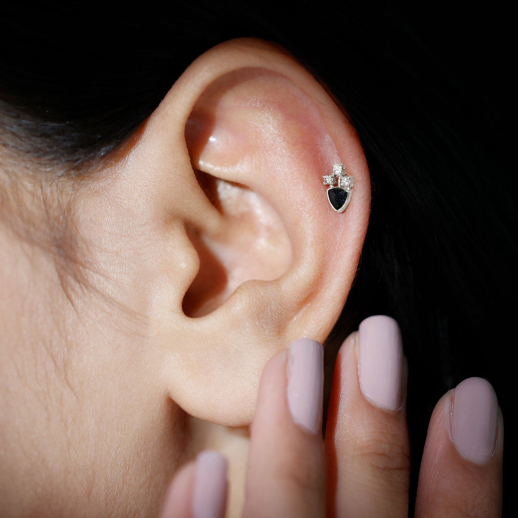 Genuine Diamond and Black Enamel Unique Tragus Earring