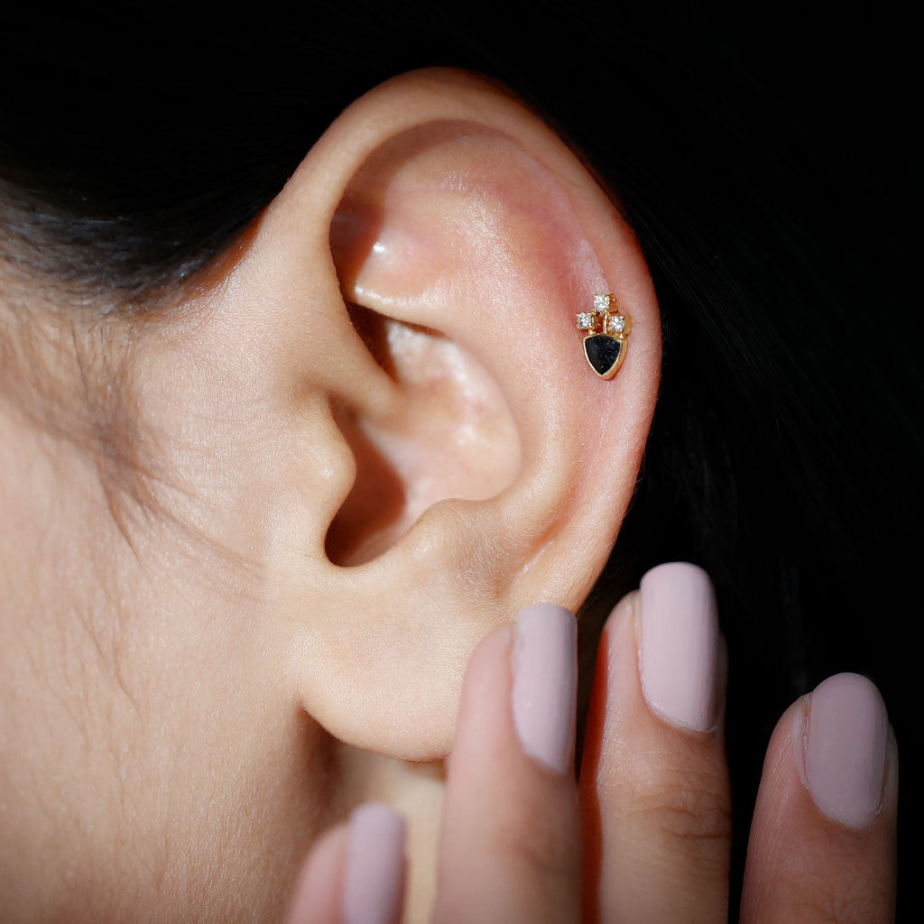 Genuine Diamond and Black Enamel Unique Tragus Earring