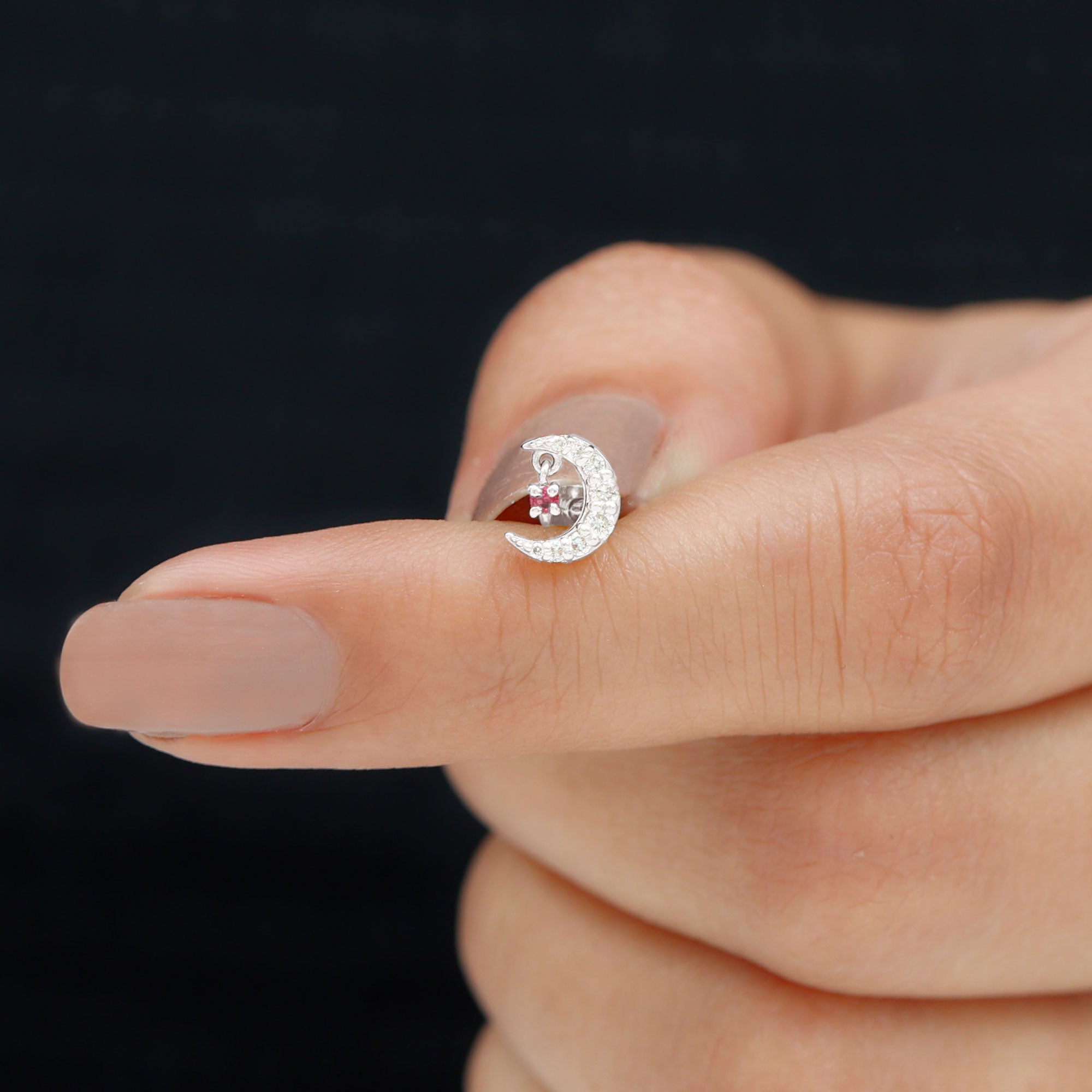 Natural Ruby and Moissanite Crescent Moon Helix Earring