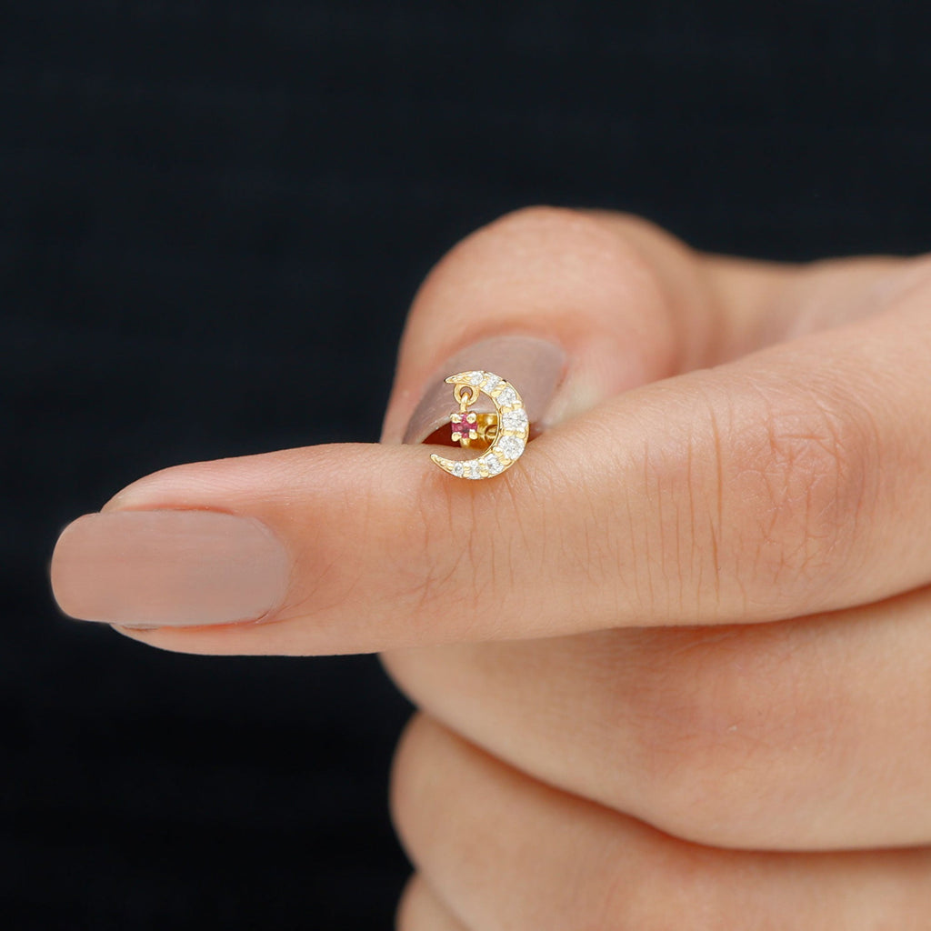 Natural Ruby and Moissanite Crescent Moon Helix Earring