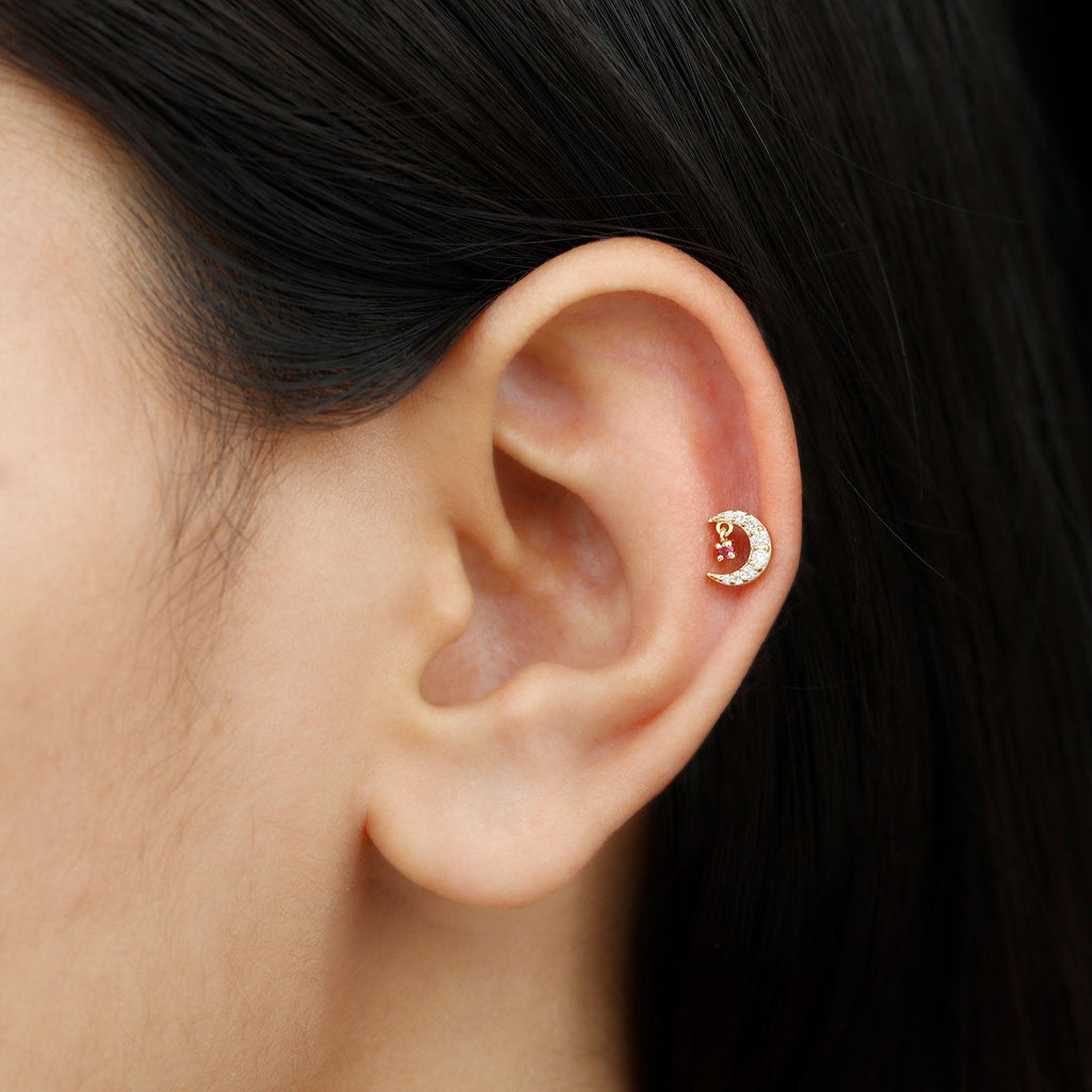 Natural Ruby and Moissanite Crescent Moon Helix Earring
