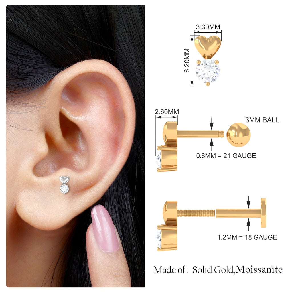 Round Moissanite Heart Tragus Earring in Gold