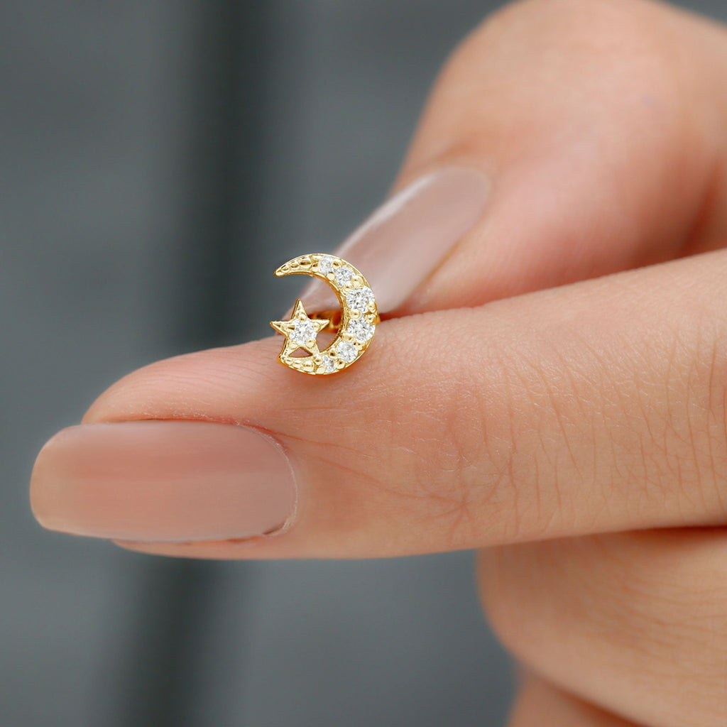 Moissanite Moon and Star Cartilage Earring