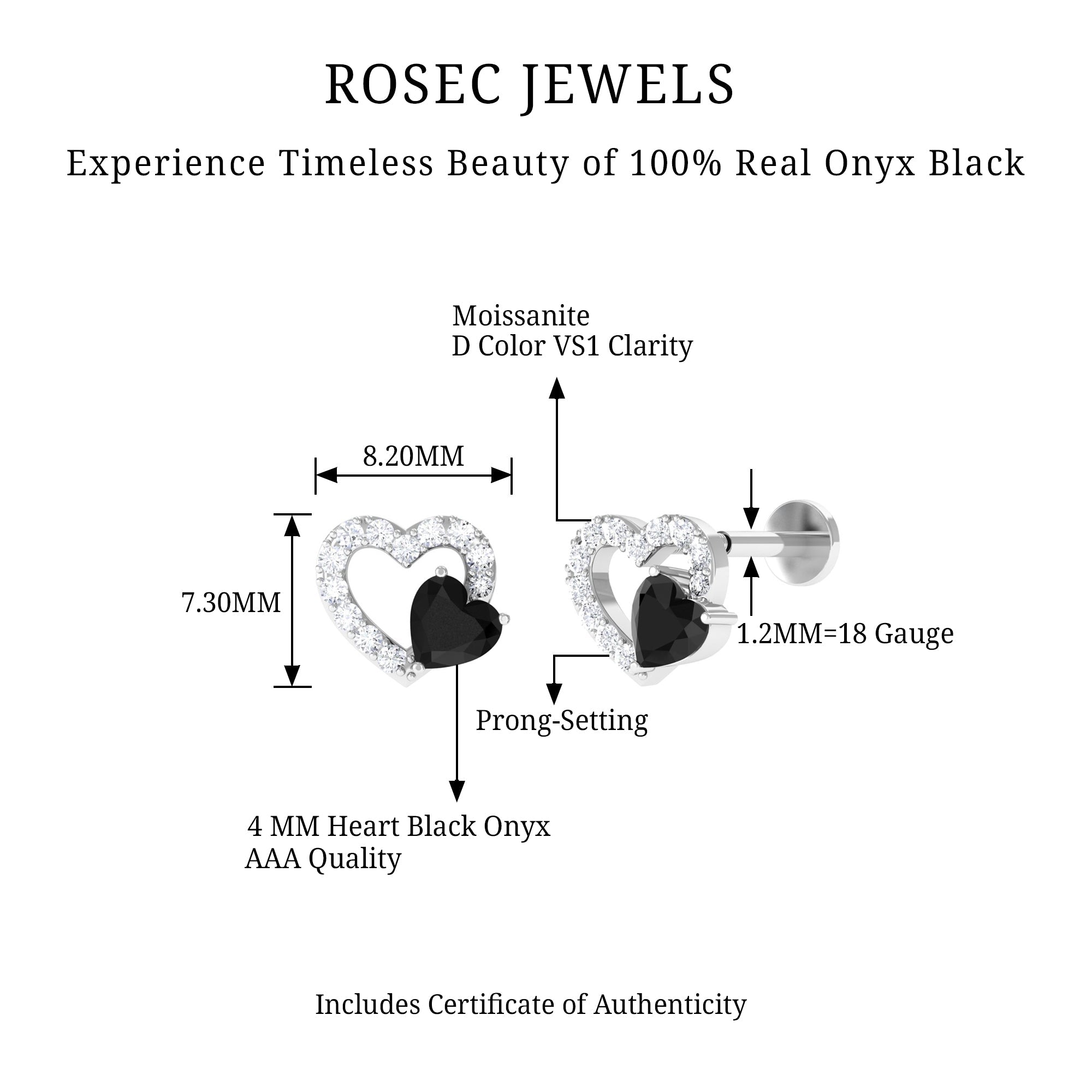 Heart Shape Black Onyx and Moissanite Cartilage Earring