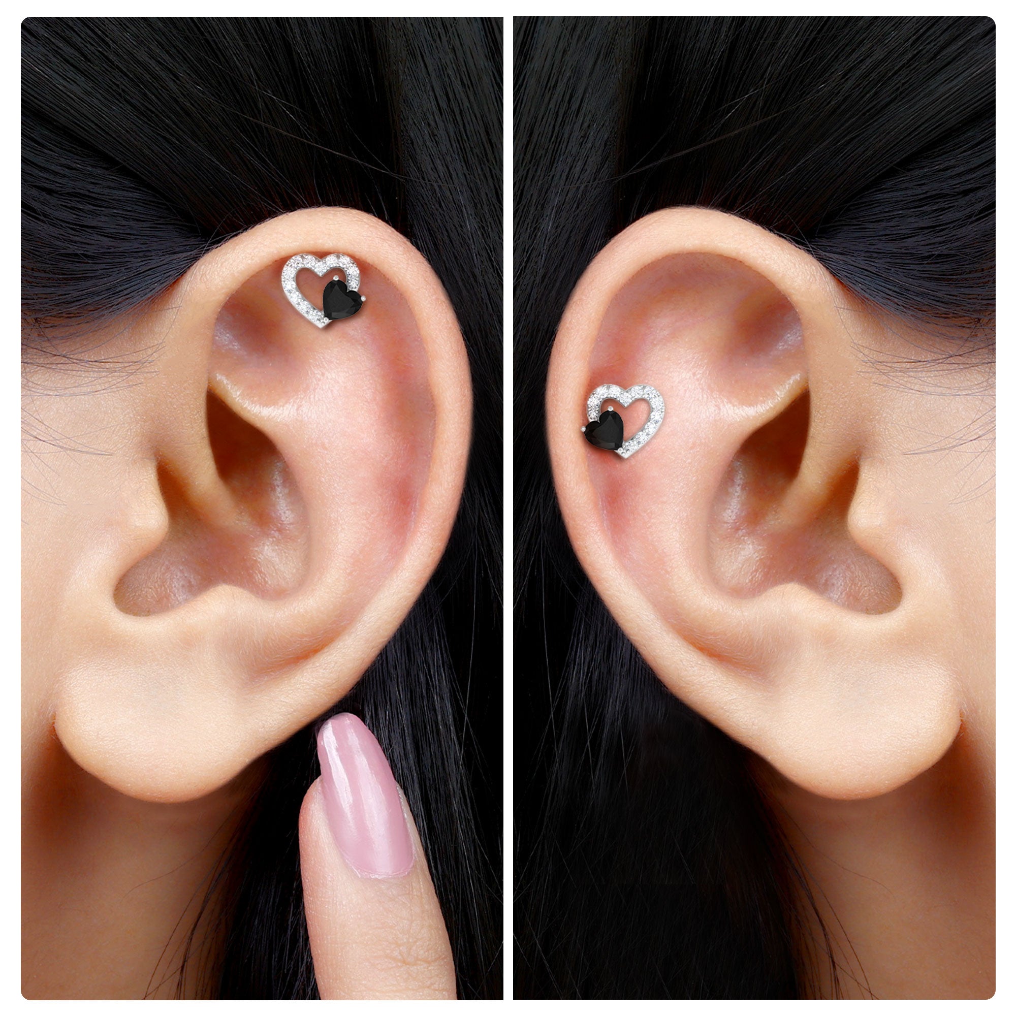 Heart Shape Black Onyx and Moissanite Cartilage Earring