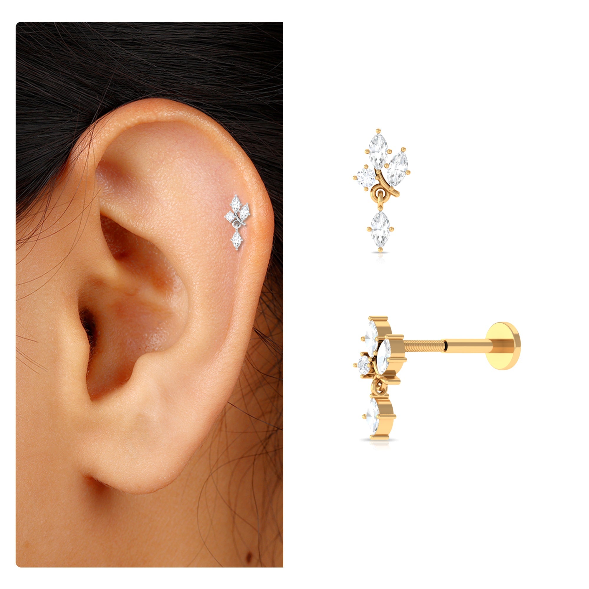 Marquise Moissanite Gold Cartilage Dangle Earring