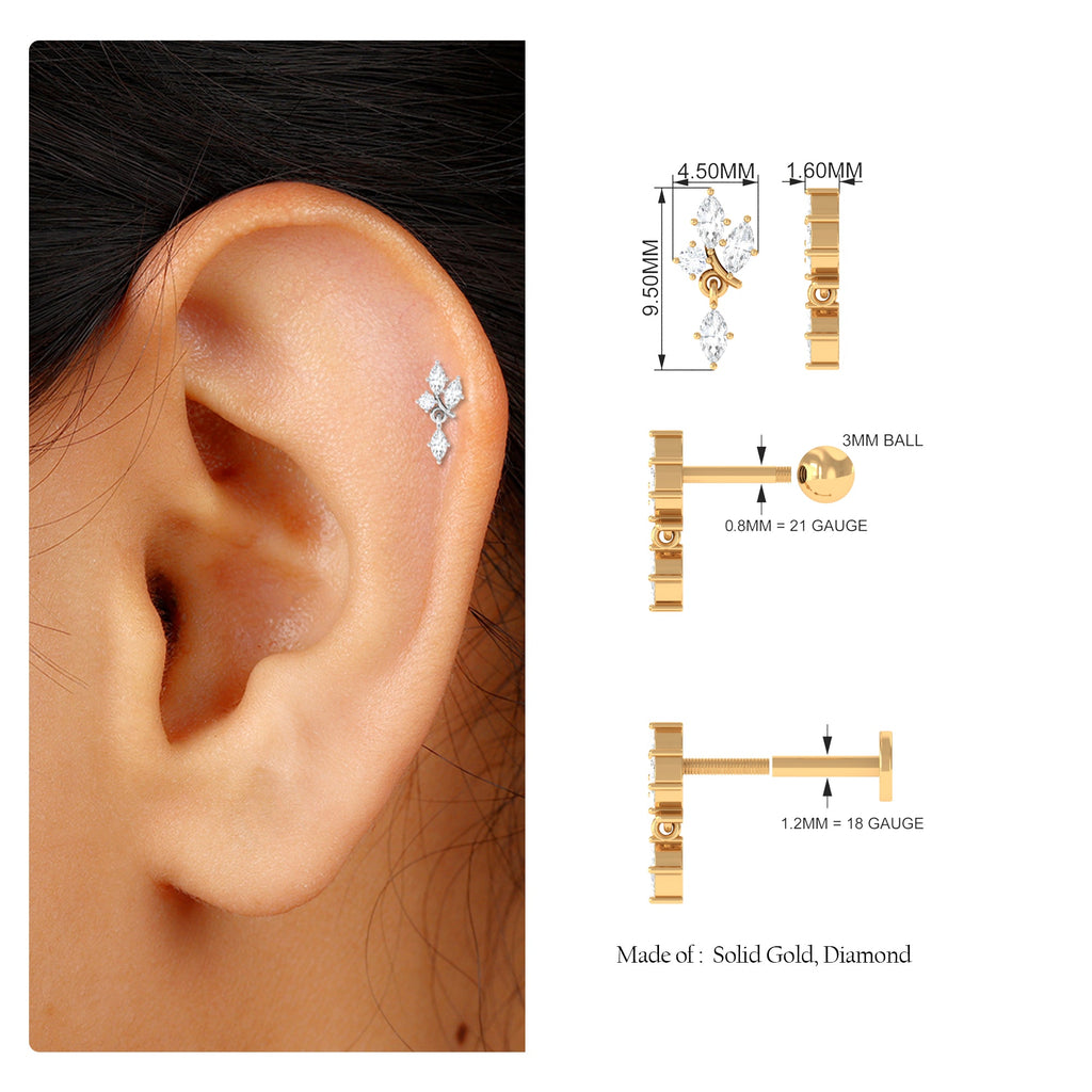 Marquise Moissanite Gold Cartilage Dangle Earring