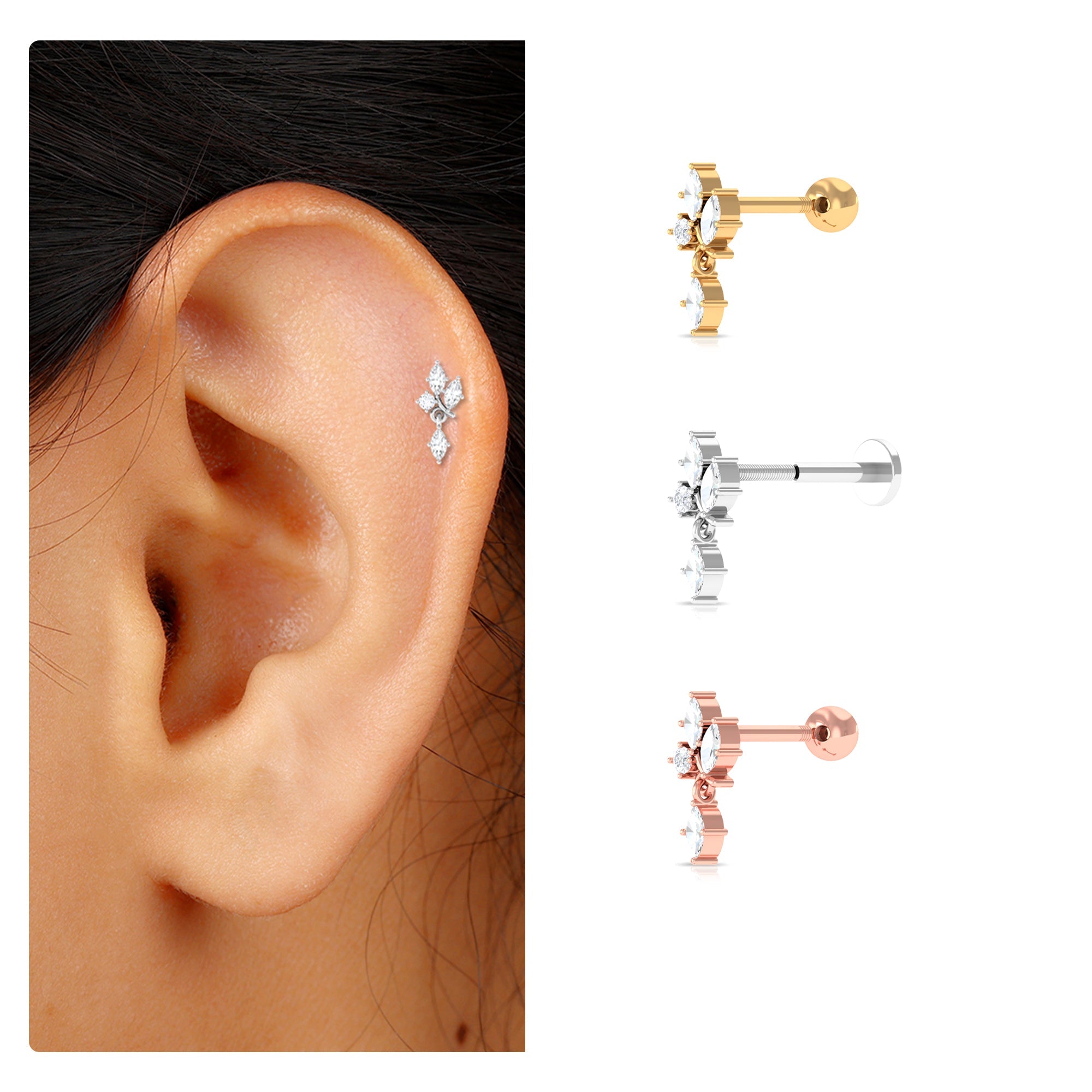 Marquise Moissanite Gold Cartilage Dangle Earring