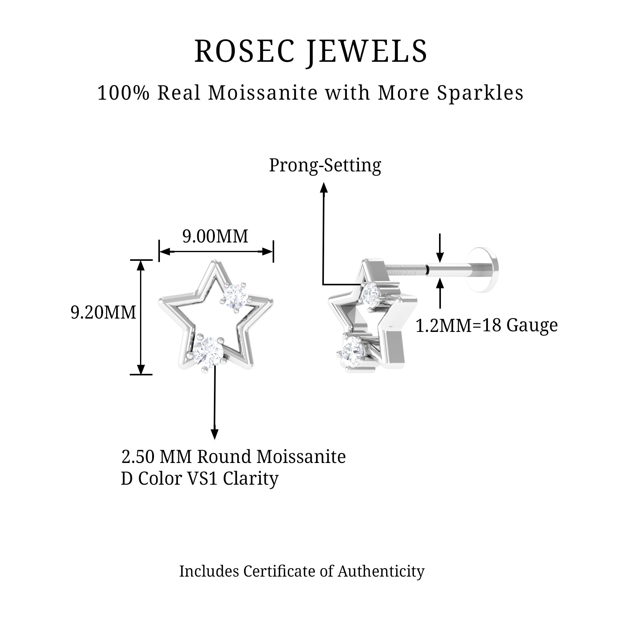 Unique Moissanite Gold Star Upper Lobe Earring