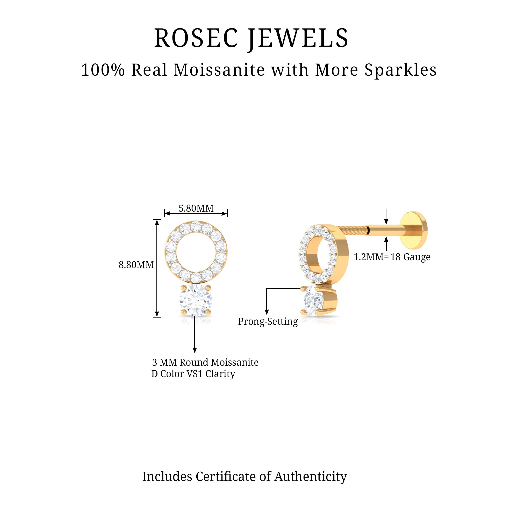 Certified Moissanite Open Circle Cartilage Earring for Women