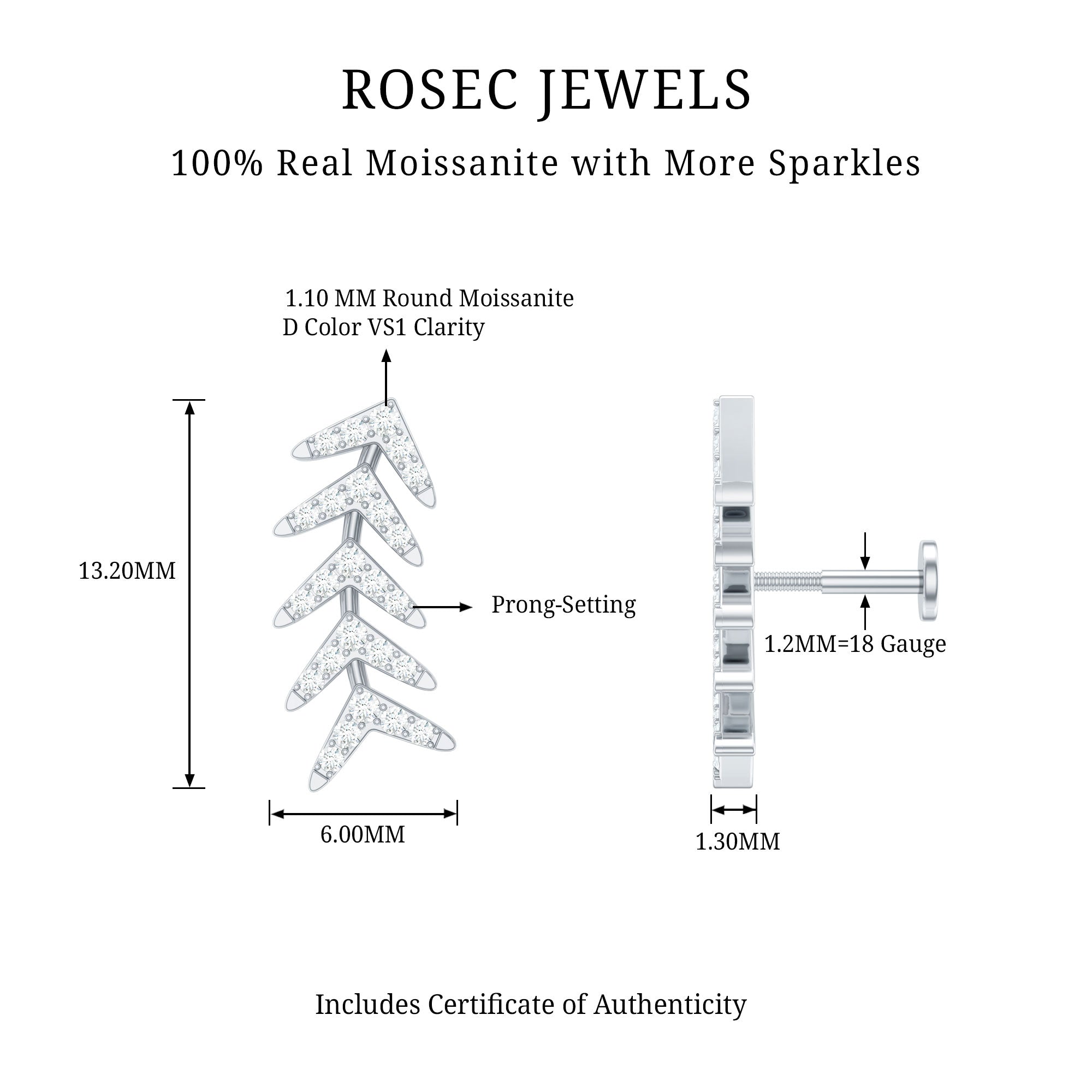 Certified Moissanite Leaf Crawler Earring for Helix Piercing