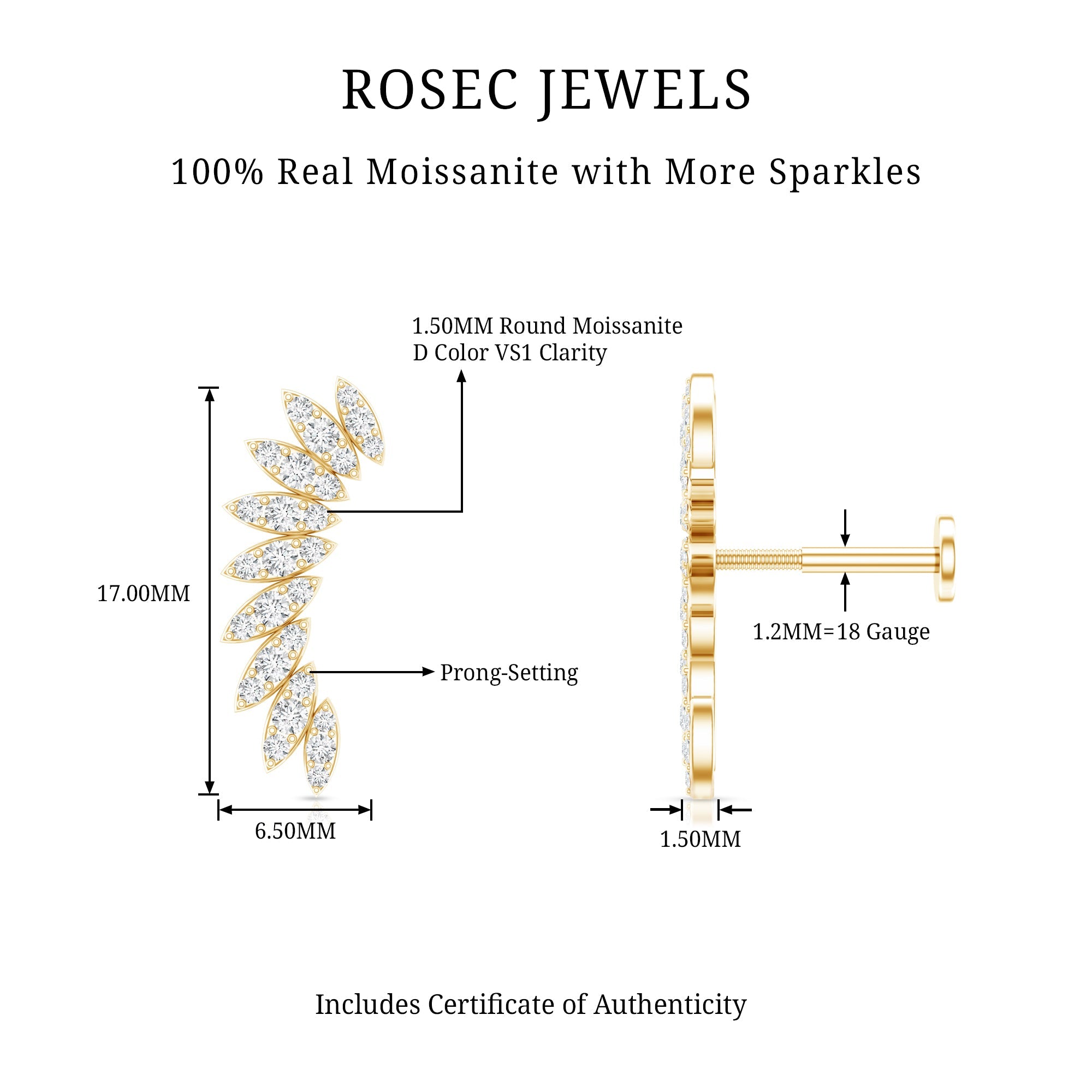 Certified Moissanite Feather Climber Cartilage Earring