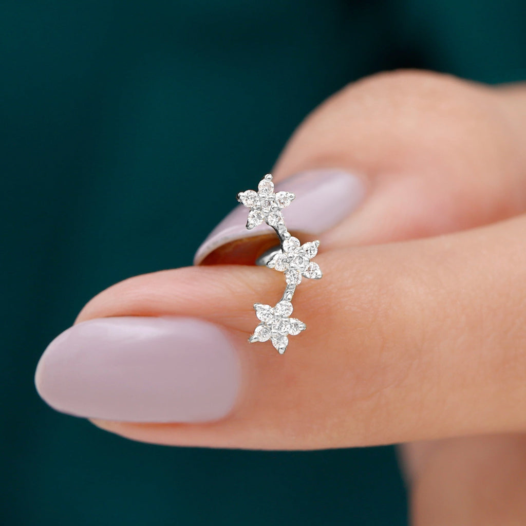 Certified Moissanite Three Flower Stud Earring for Helix Piercing