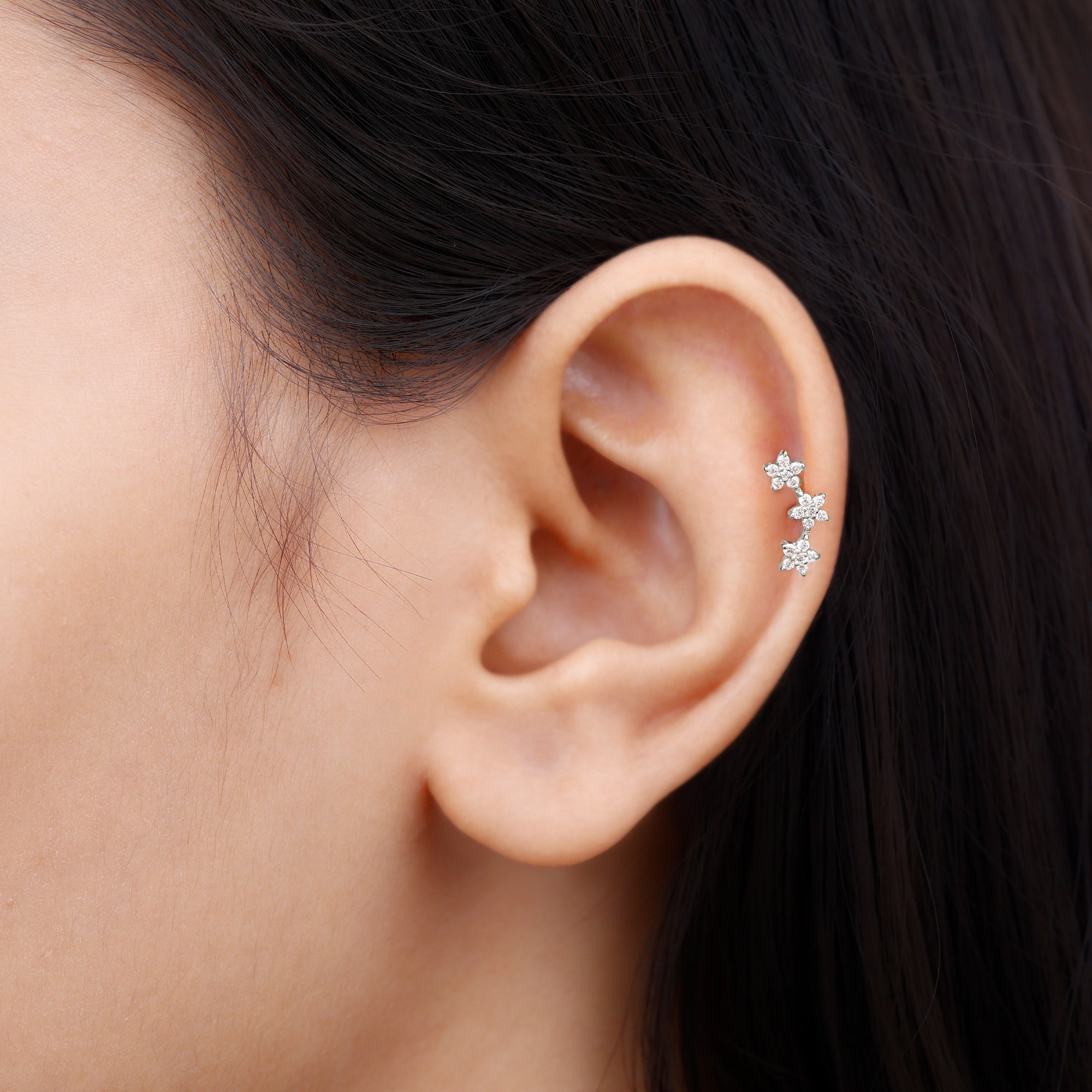 Certified Moissanite Three Flower Stud Earring for Helix Piercing