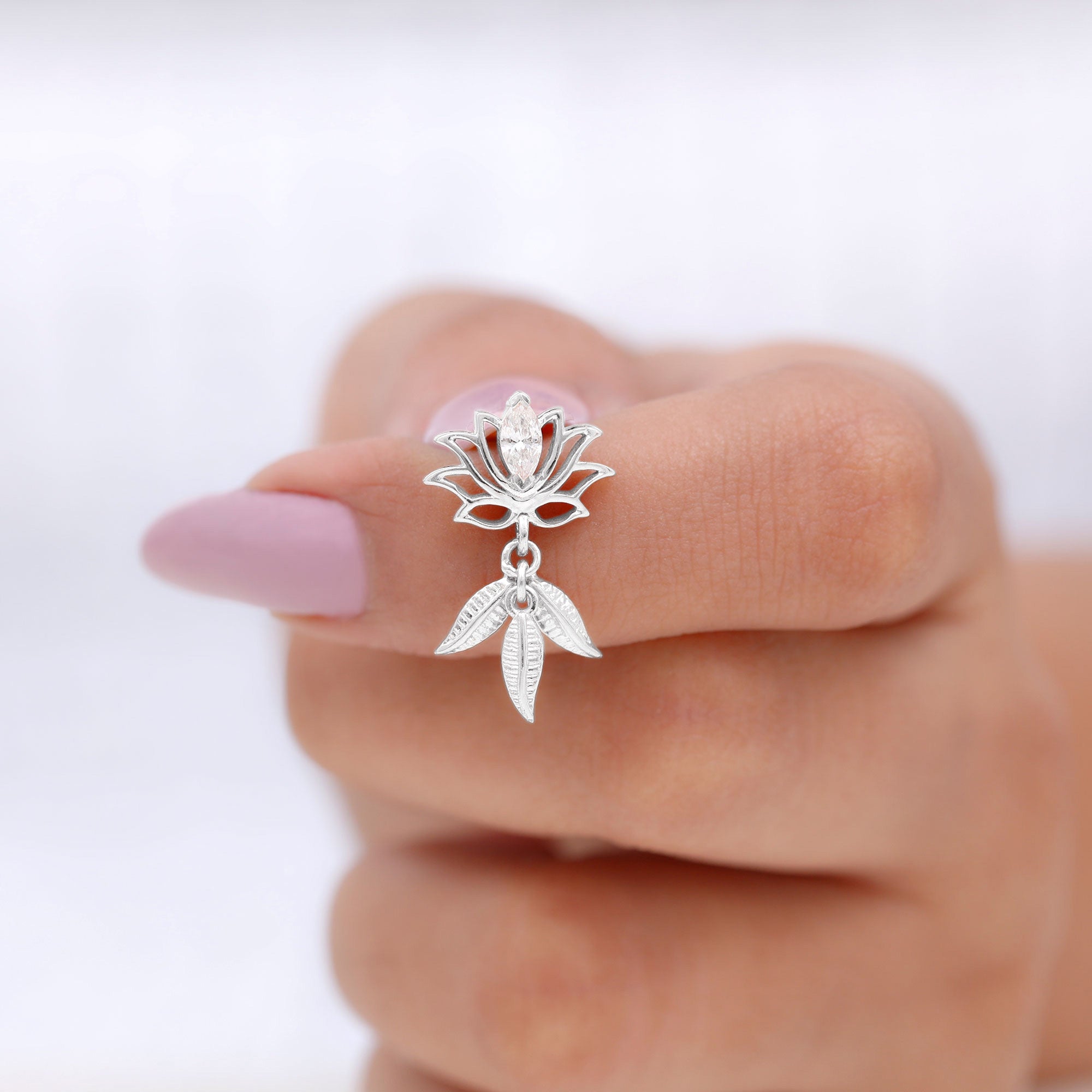 Marquise Moissanite Lotus Drop Earring for Cartilage Piercing