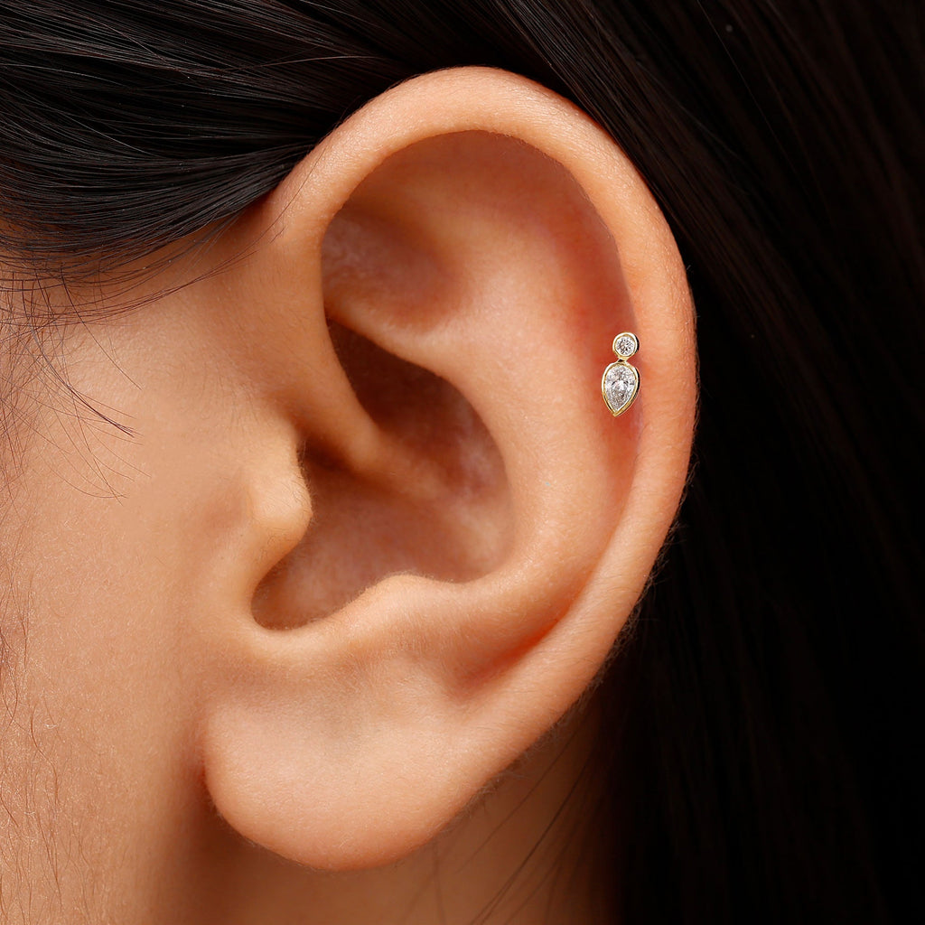 Dainty Pear and Round Cut Moissanite Tragus Earring