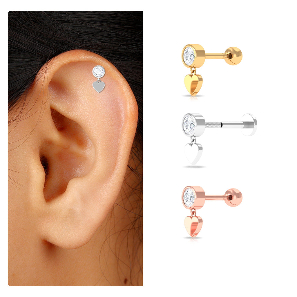 Round Moissanite Heart Drop Earring for Helix Piercing