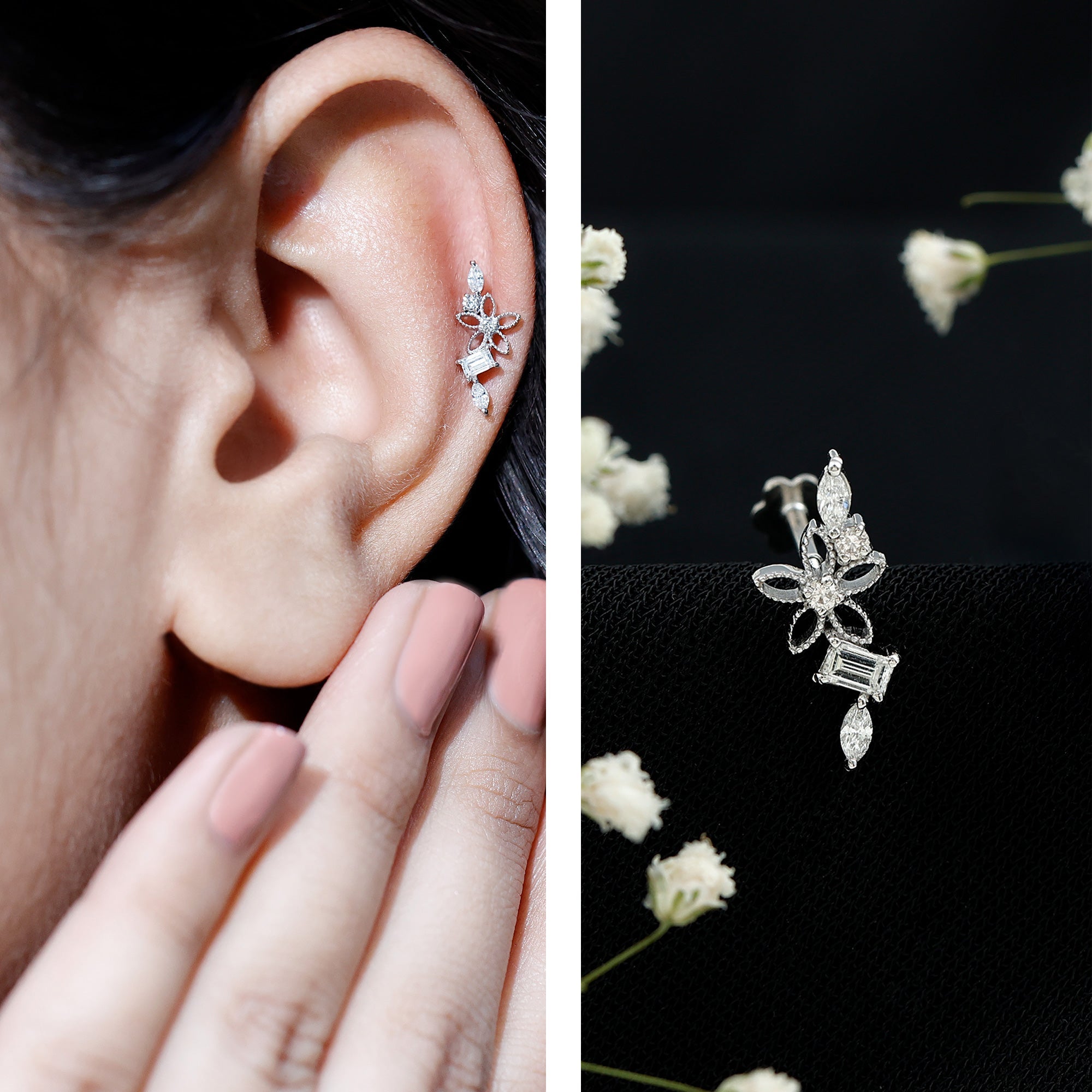 Unique Moissanite Flower Crawler Cartilage Earring