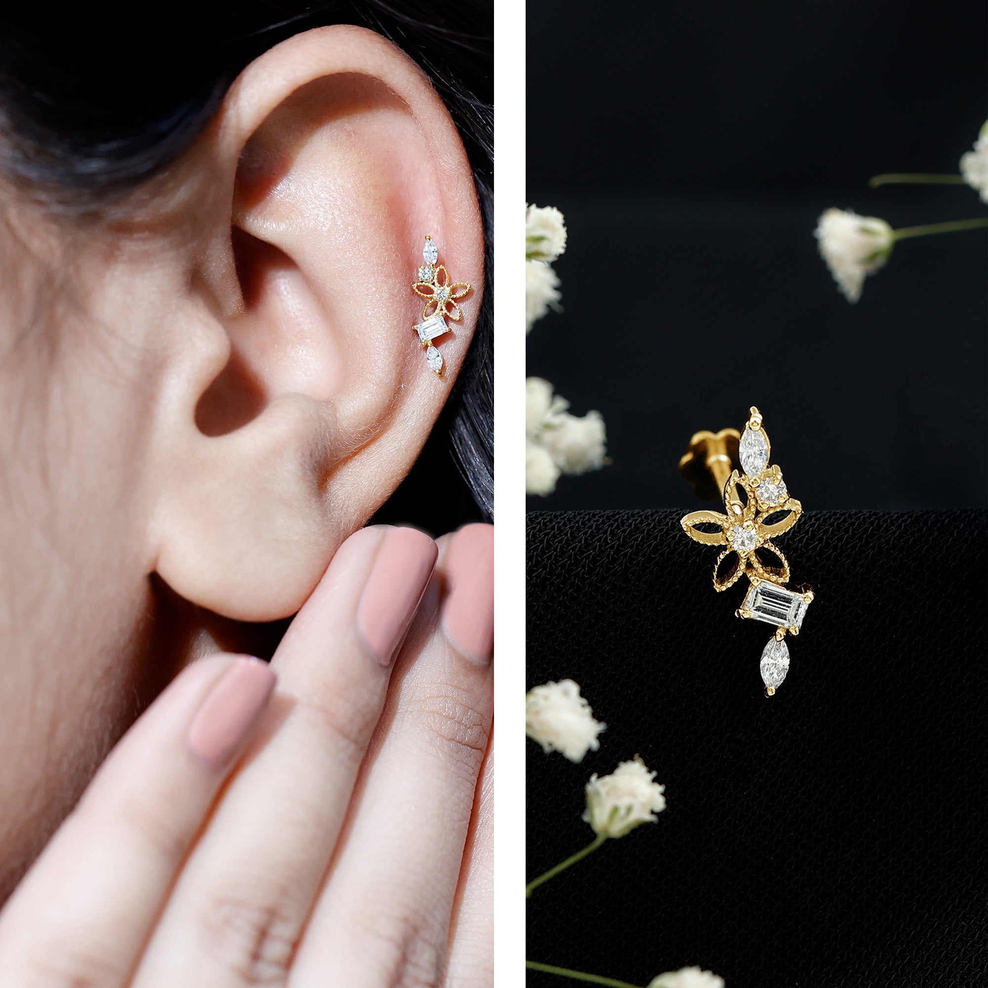 Unique Moissanite Flower Crawler Cartilage Earring