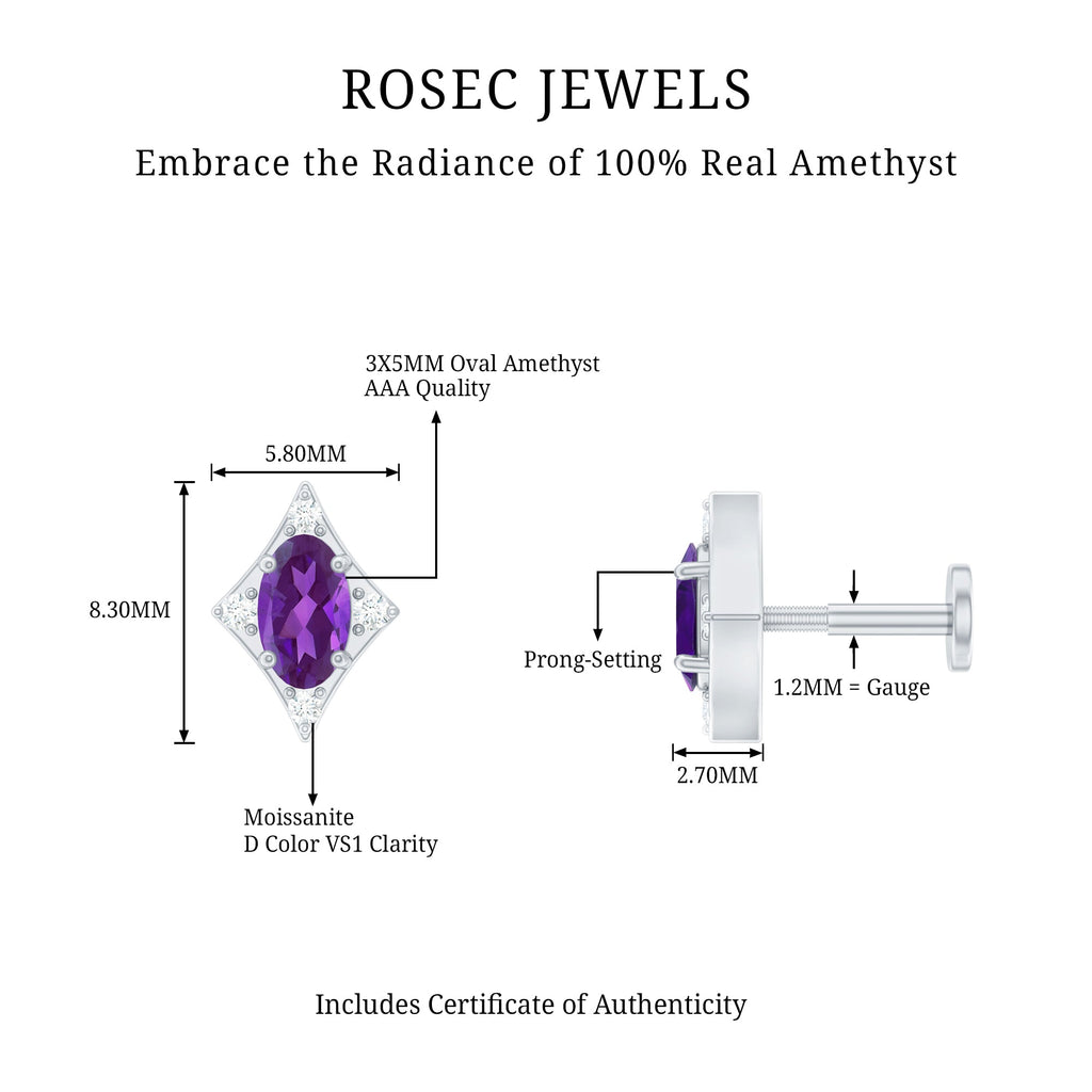 Oval Natural Amethyst Tragus Earring with Moissanite